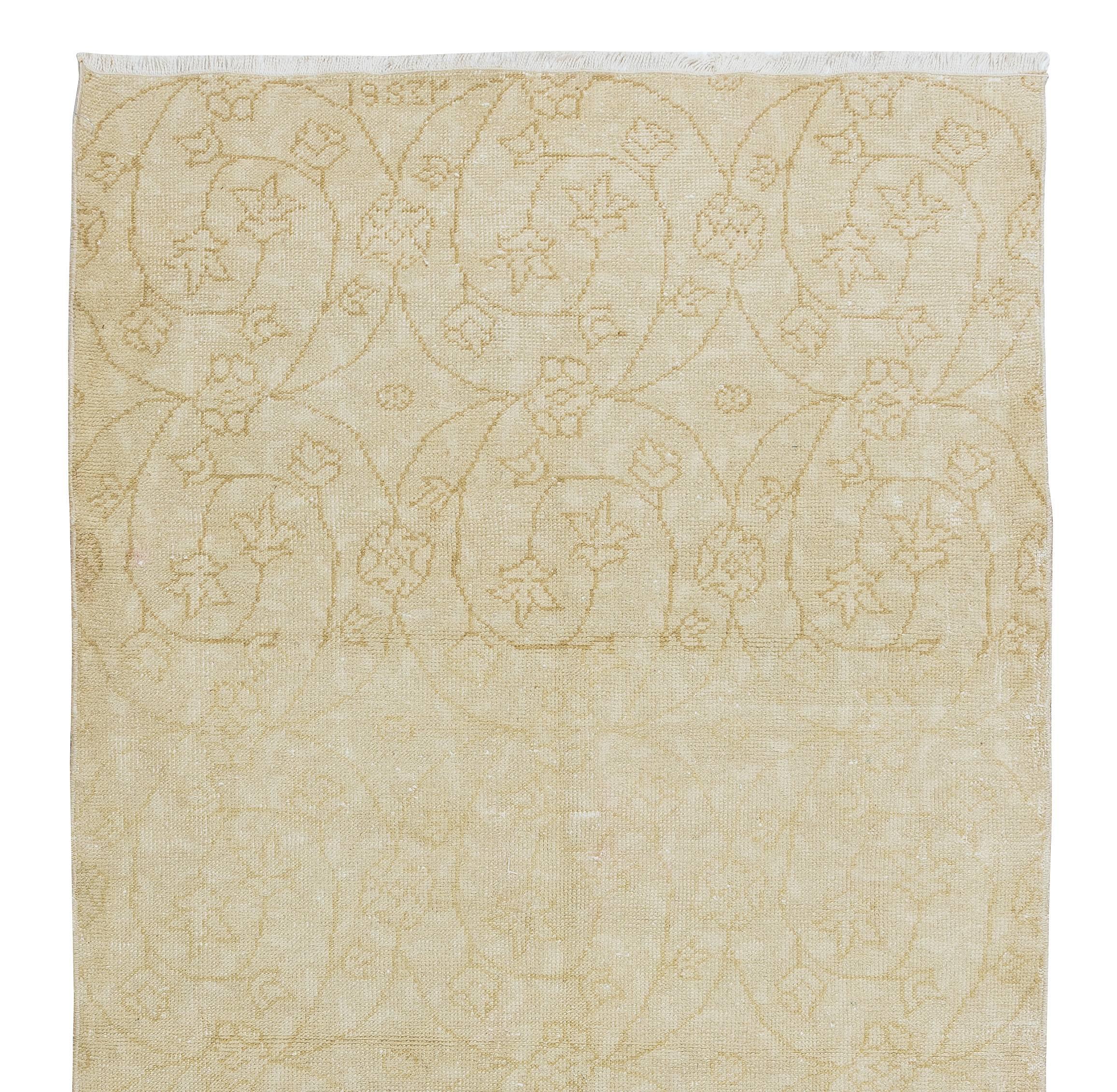 Hand-Knotted 3.3x7 Ft Turkish Rug in Neutral Colors, Vintage Floral Handmade Sun Faded Carpet For Sale