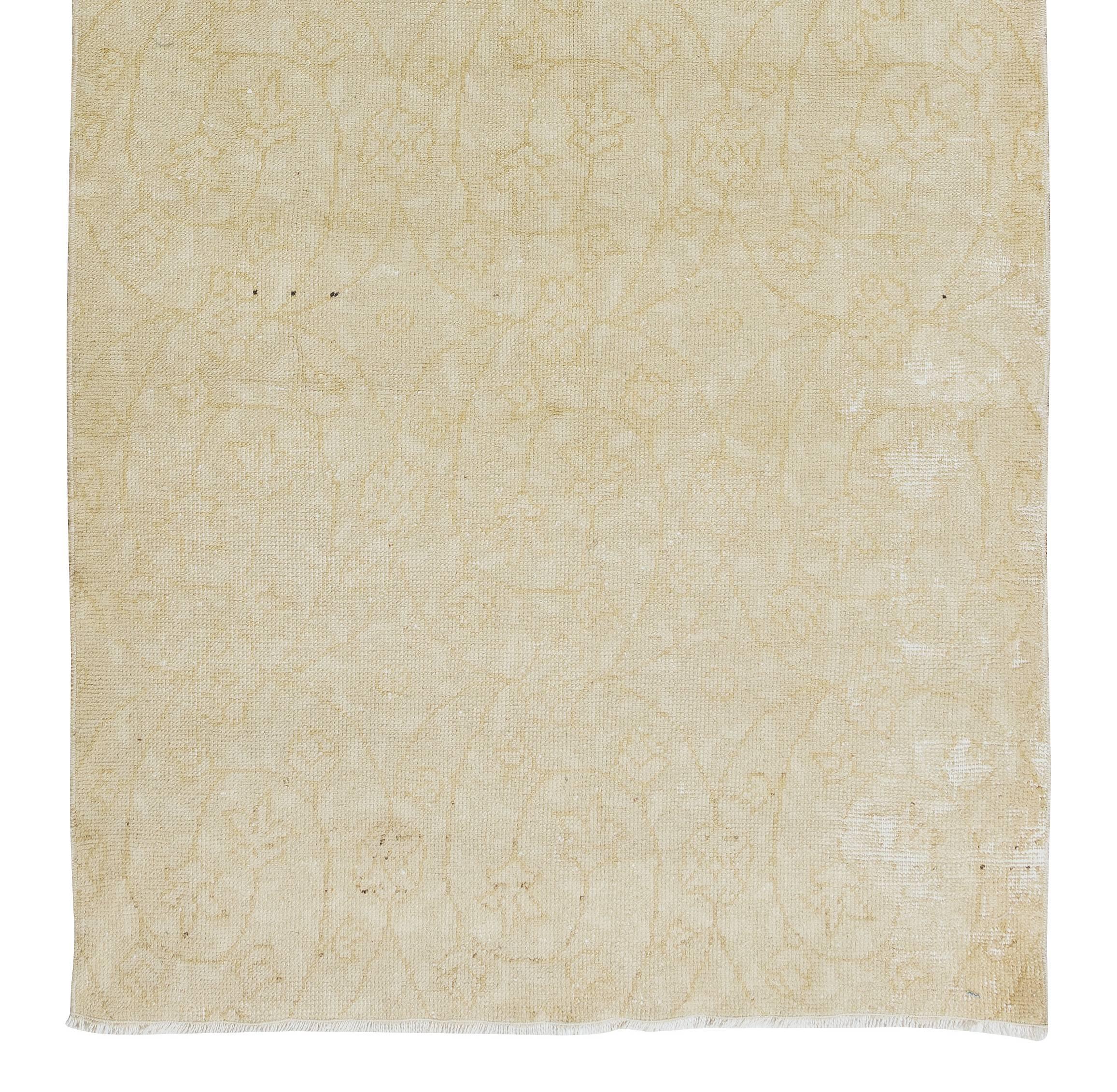 Oushak 3.3x7 Ft Turkish Rug in Neutral Colors, Vintage Floral Handmade Sun Faded Carpet For Sale