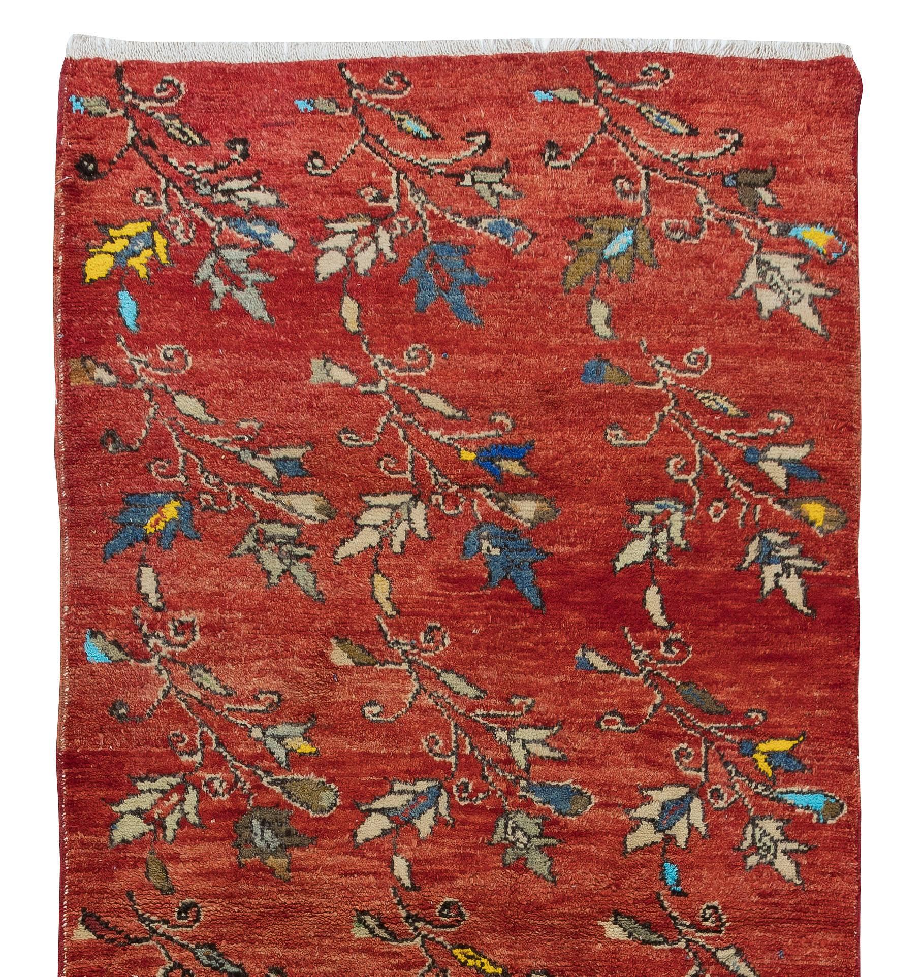 Hand-Knotted 3.3x7 Ft Handmade Vintage Turkish Runner Rug with Colorful Flowers for Hallway For Sale