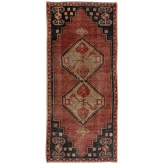 3.3x7.3 Ft Vintage Tribal Rug, Soft Red, Dark Blue and Tan Colors, Wool Carpet