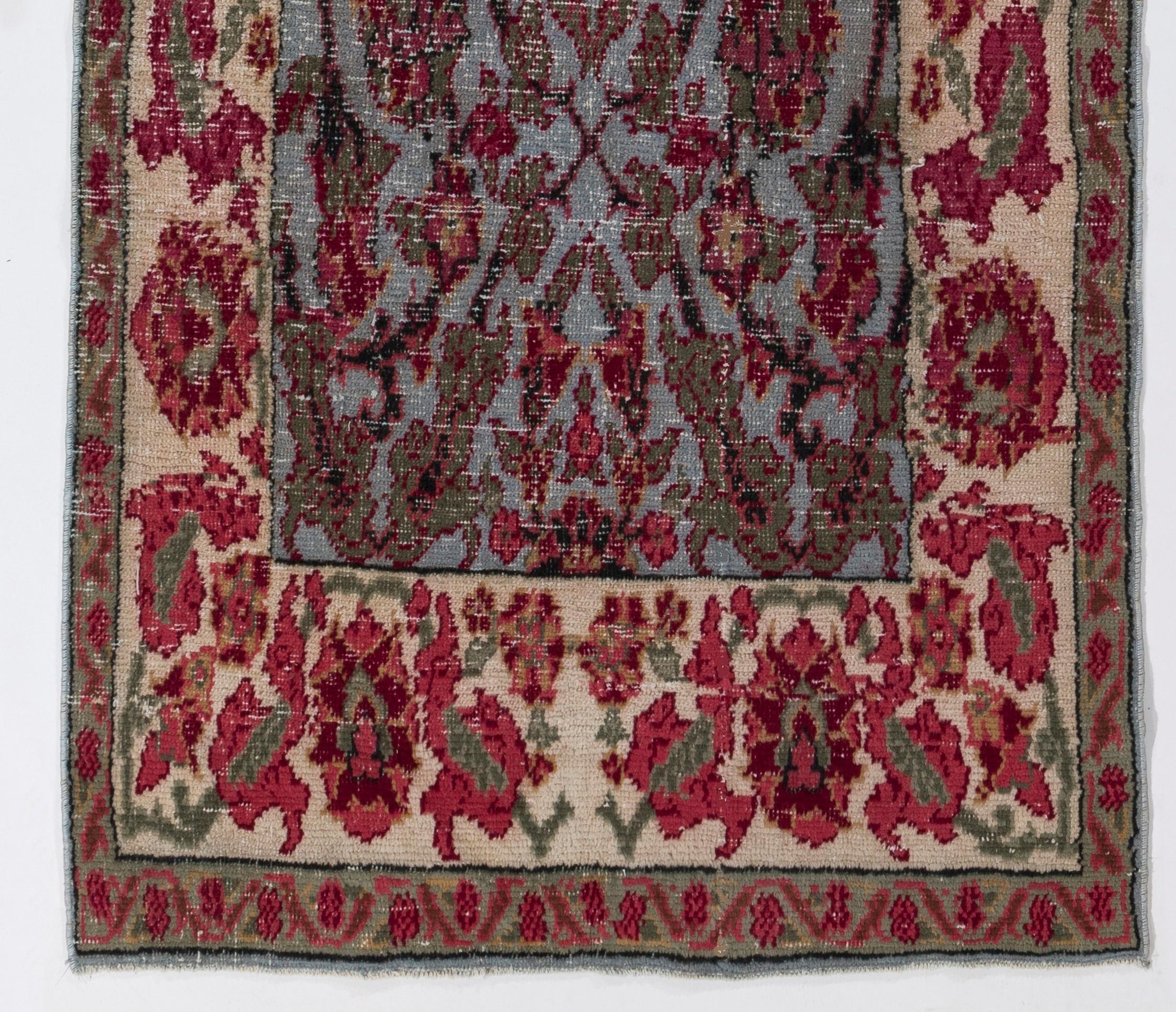 Turkish 3.3x8.2 Ft Unusual MidCentury Hand-Made Anatolian Rug with Floral Garden Design For Sale