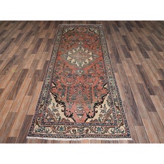 3'3"x8'9" Peach Hand Knotted Vintage Zoroastrian Malayer Pure Wool Runner Rug