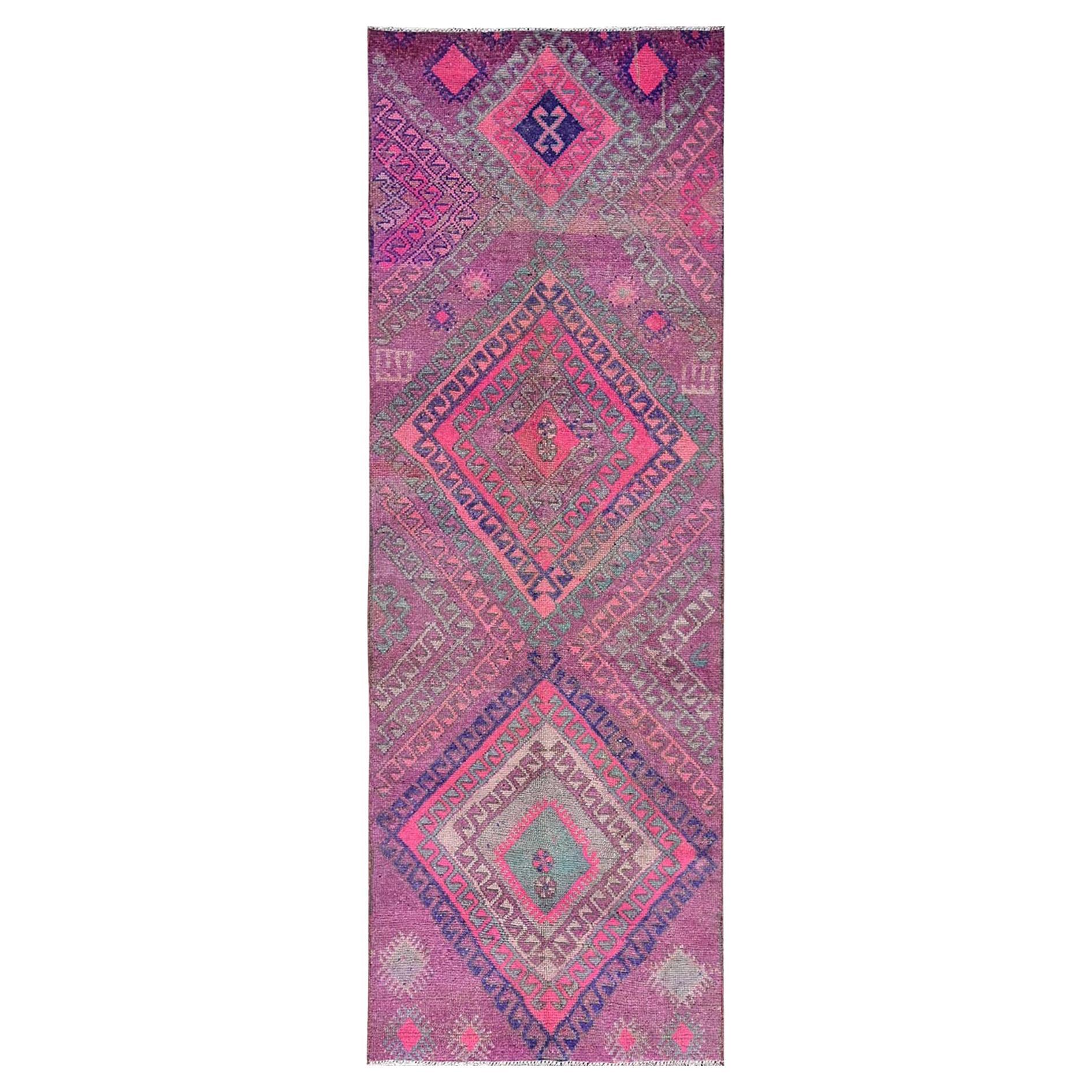 3'3 "x9'7" Rose Pink Overdyed Vintage Persian Shiraz Hand Knots Rugs