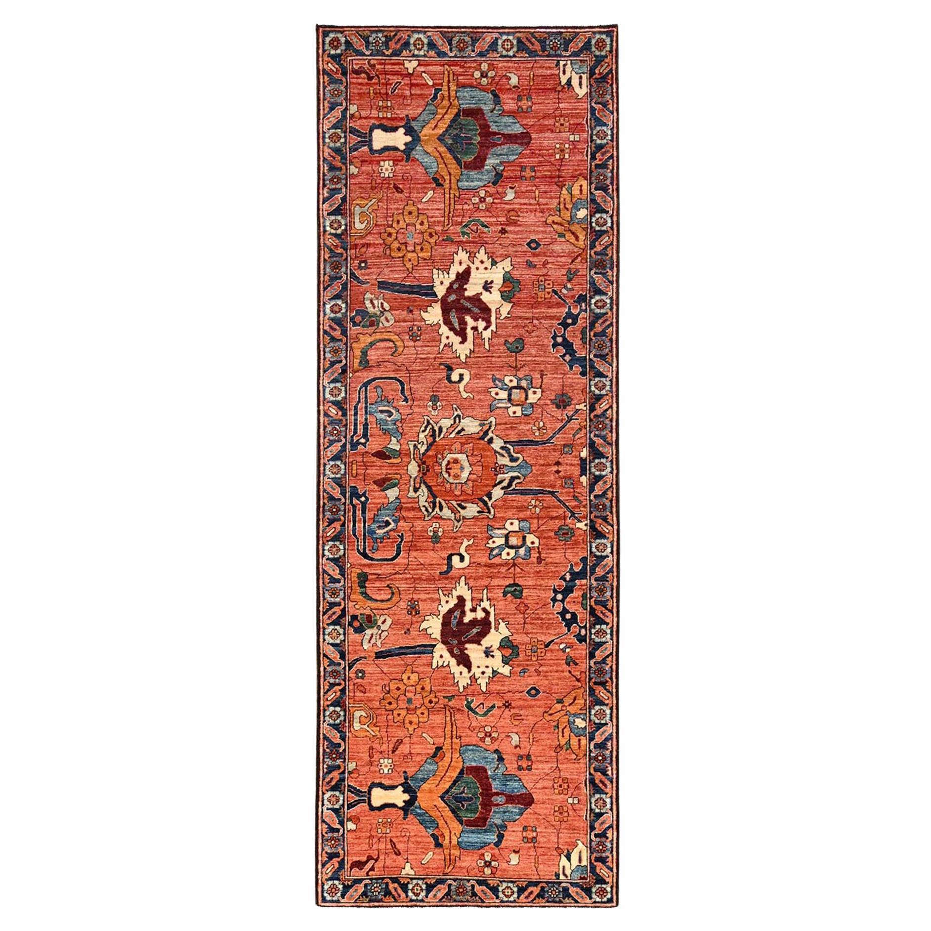 3
3"x9
9" Yam Orange Hand Knotted Antiqued Heriz Flower Design Wool Runner Rug