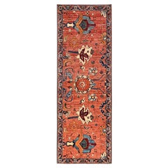 3
3"x9
9" Yam Orange Hand Knotted Antiqued Heriz Flower Design Wool Runner Rug