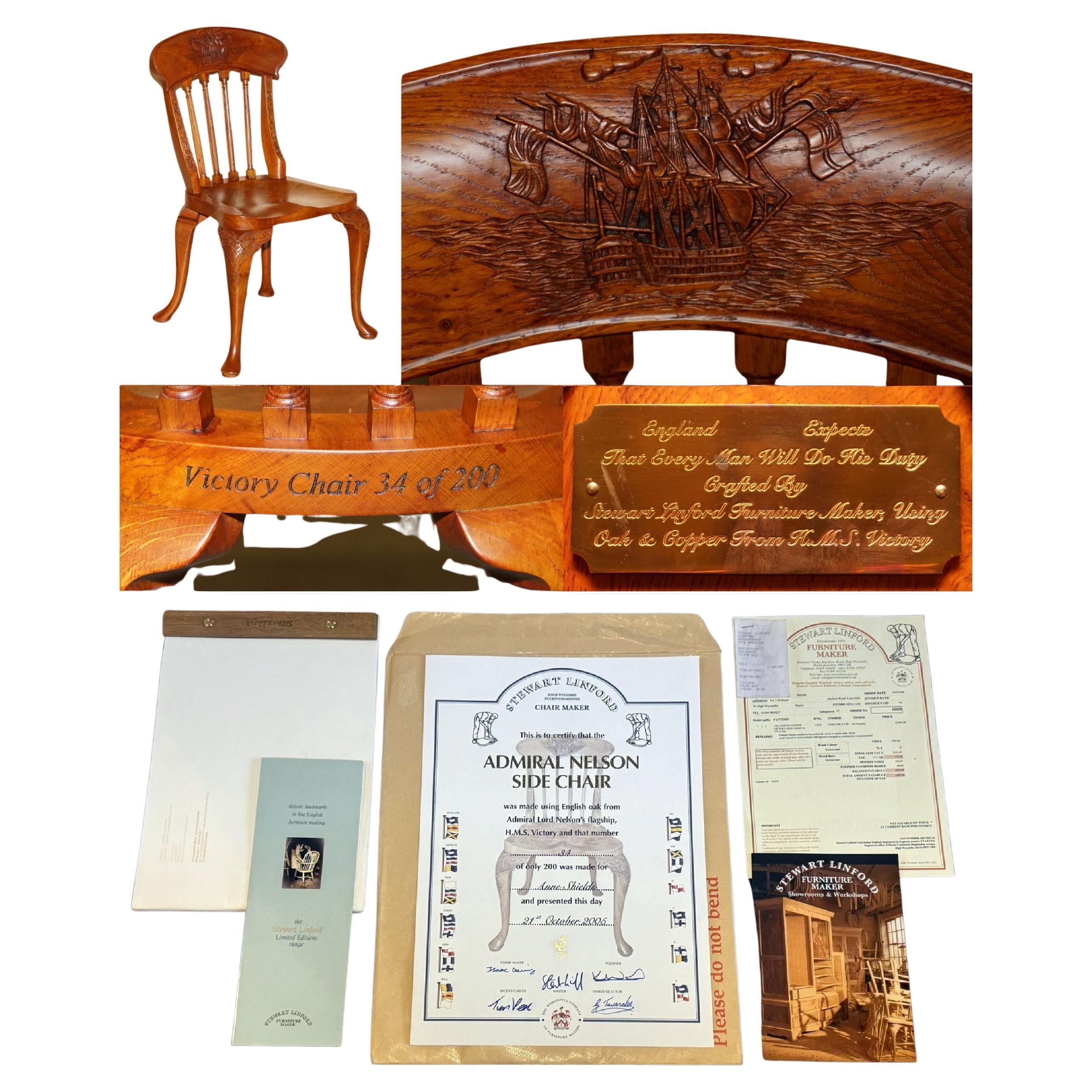 34/200 STEWART LINFORD ADMIRAL NELSON H.M.S VICTORY HAND CARVED BURL OAK CHAiR