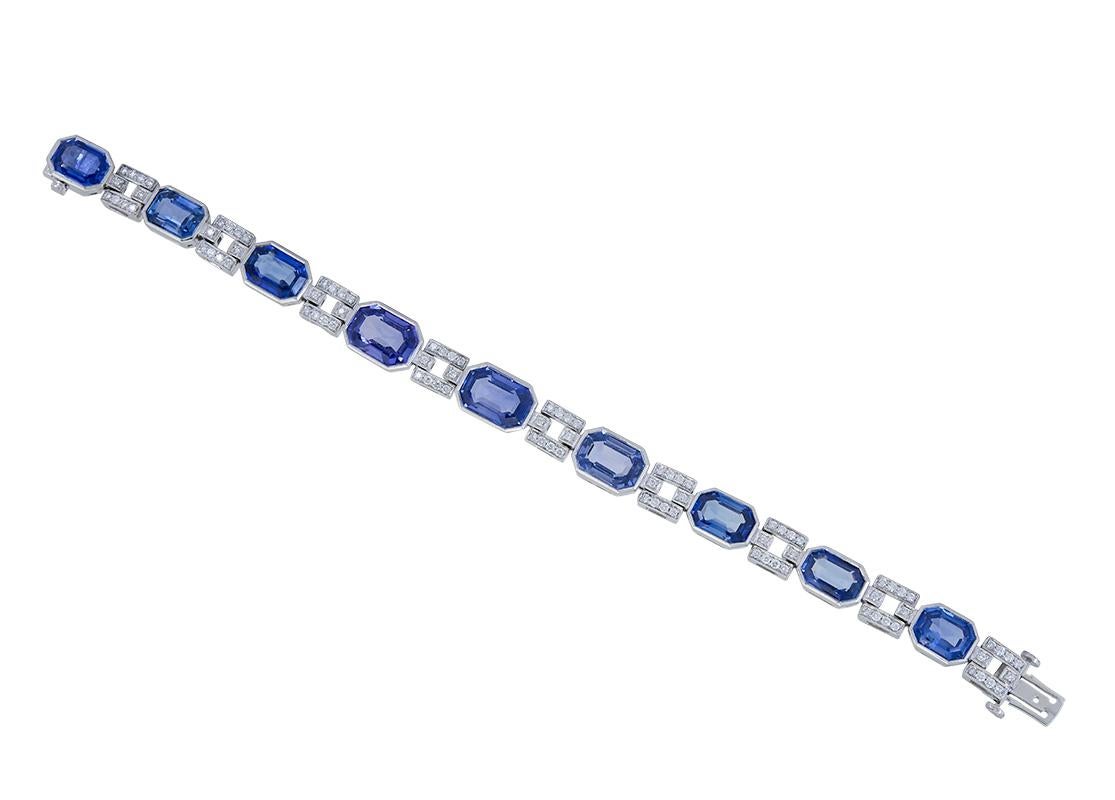 Emerald Cut 34 Carat Blue Sapphire and Diamond Link Bracelet For Sale