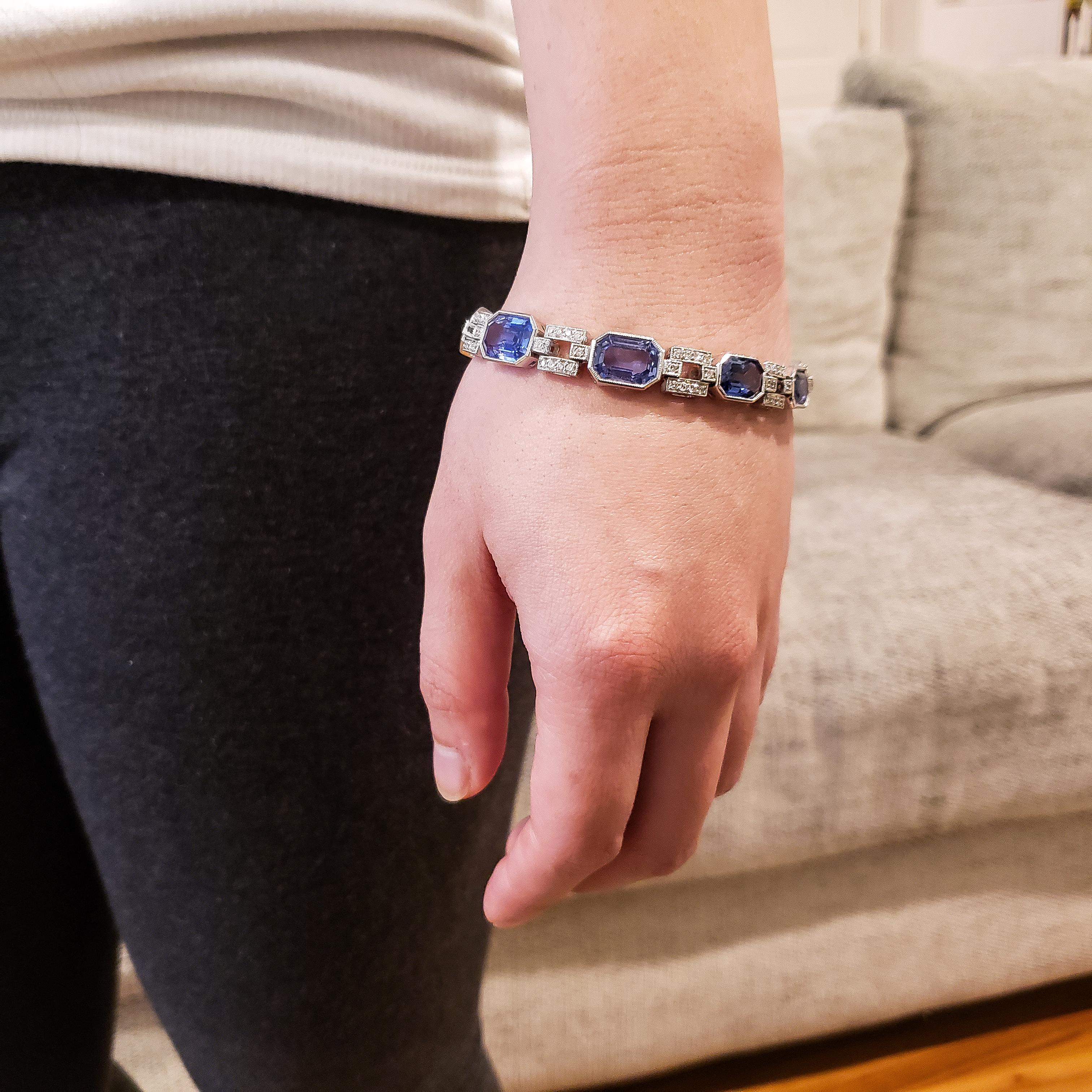 Women's 34 Carat Blue Sapphire and Diamond Link Bracelet For Sale