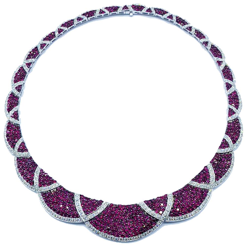 Round Cut 34 Carat Burmese Ruby & Diamond Necklace Collar 18 Karat White Gold VS Quality