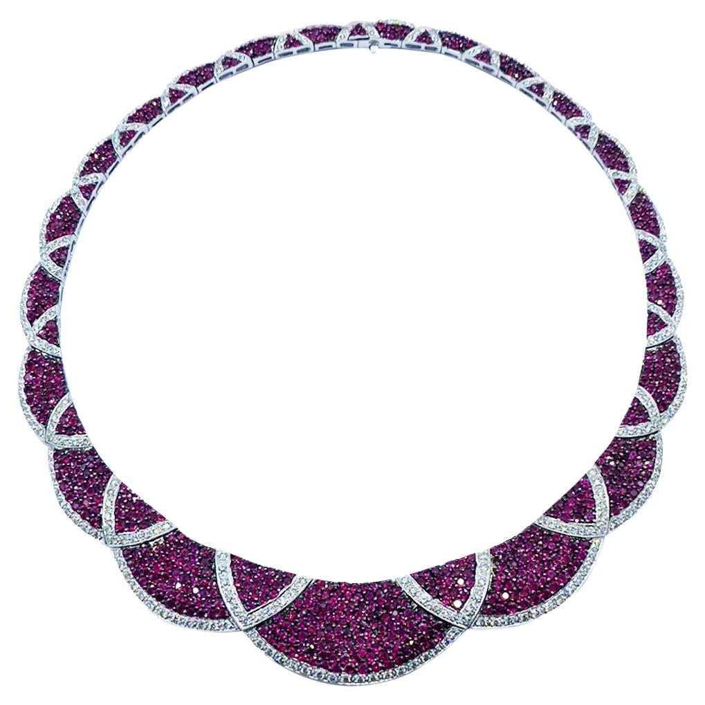34 Carat Burmese Ruby & Diamond Necklace Collar 18 Karat White Gold VS Quality