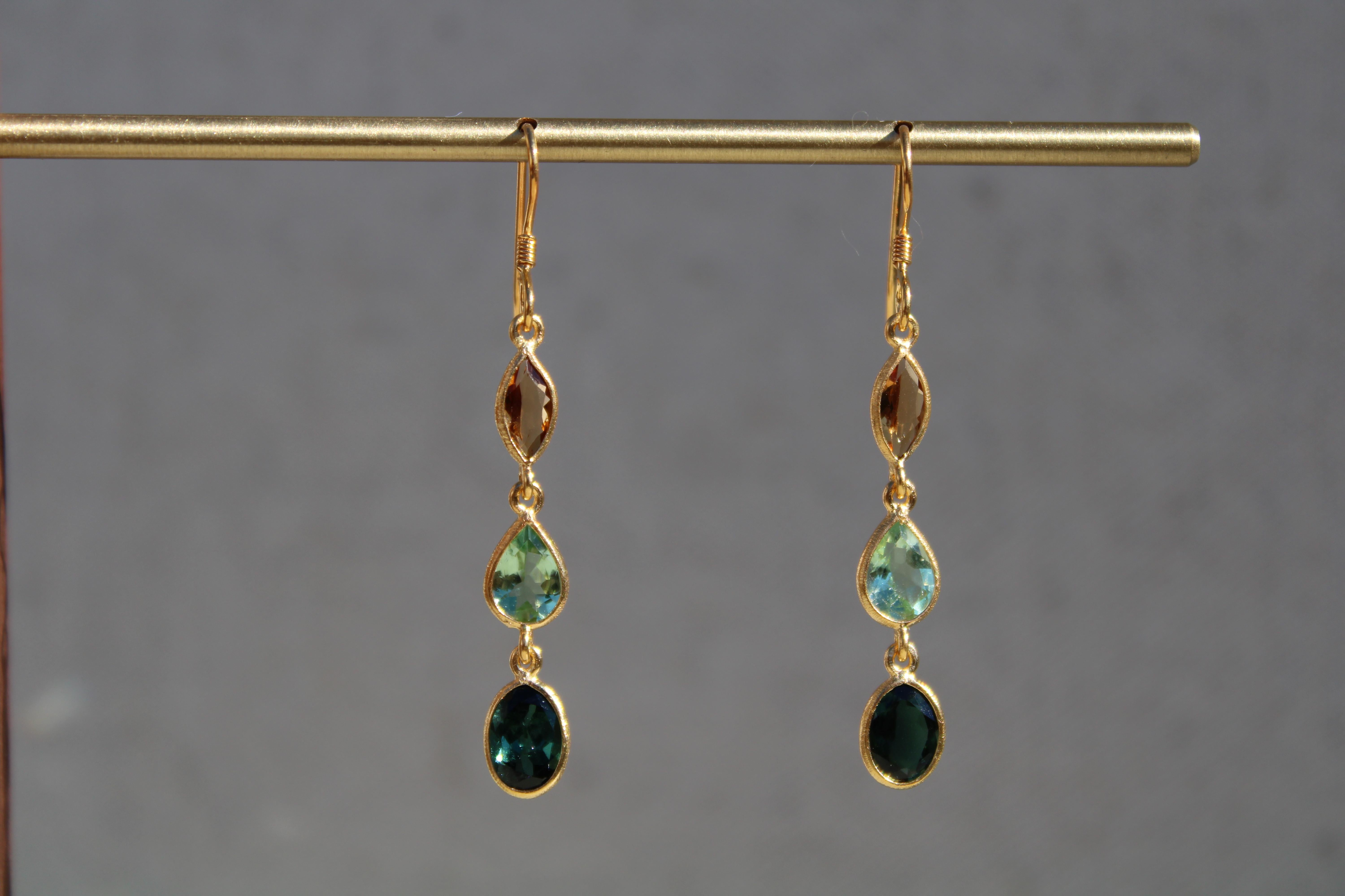 Modern 3.4 Carat Citrine & Tourmaline 14K French Wire 3 Stone Dangle Earrings For Sale