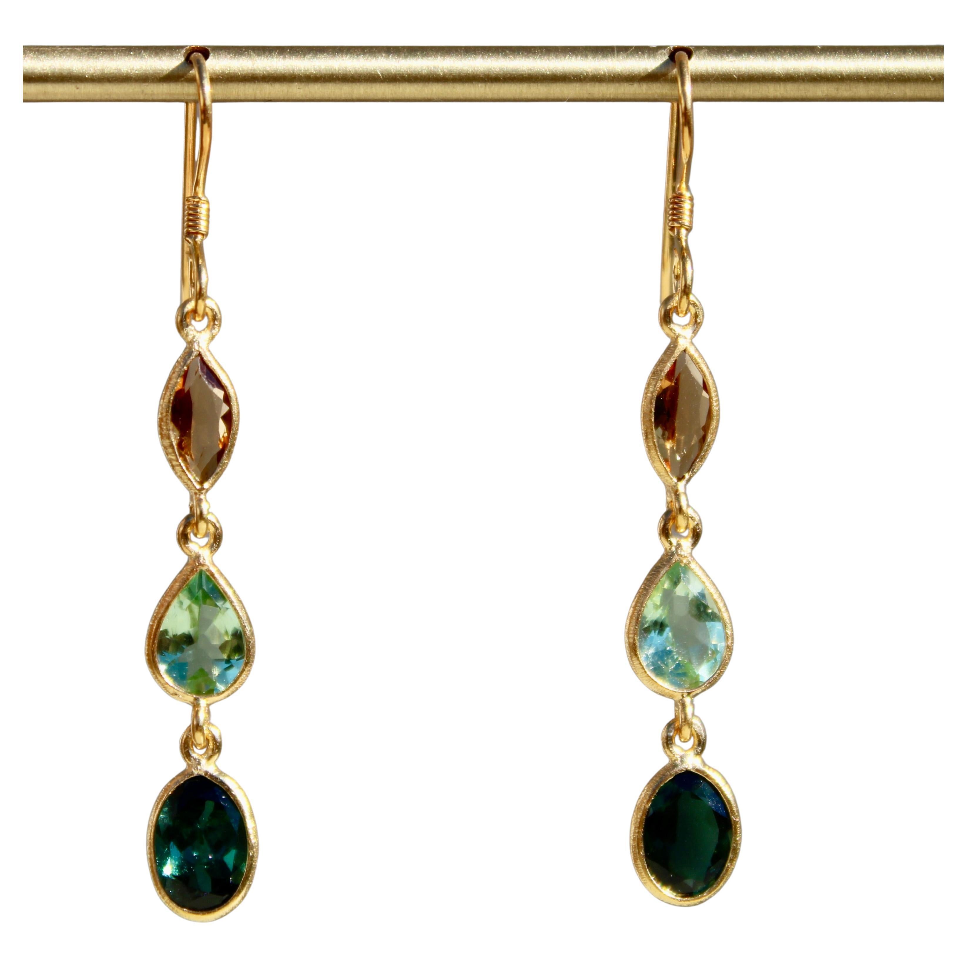 3.4 Carat Citrine & Tourmaline 14K French Wire 3 Stone Dangle Earrings For Sale