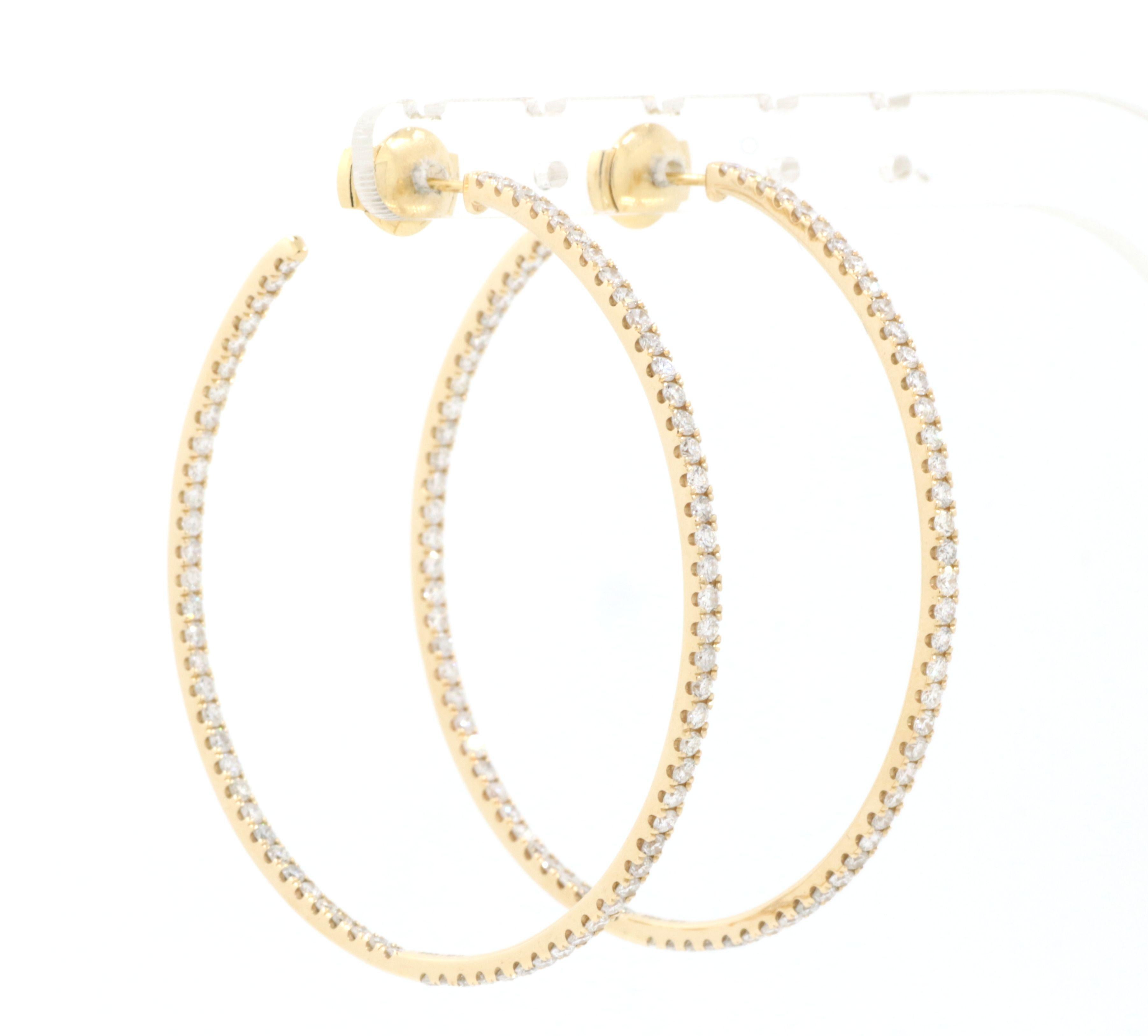 Round Cut 3.4 Carat Diamond Hoop Earrings in 18 Karat Yellow Gold