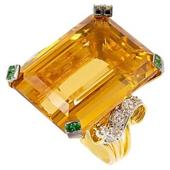 34 Carat Emerald Cut Citrine Gold Ring w/ Tsavorite, Champagne & Diamond Details