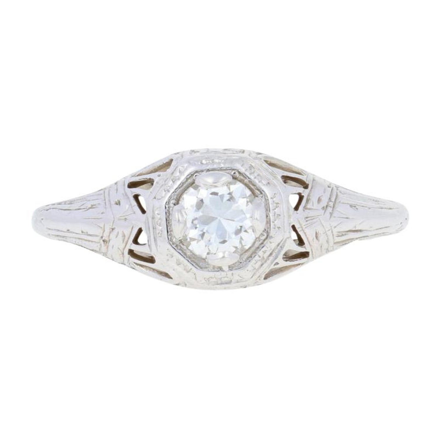 Vintage Art Deco Circa 1930 Diamond Solitaire Platinum and 18 Karat Gold Ring Size 4 34
