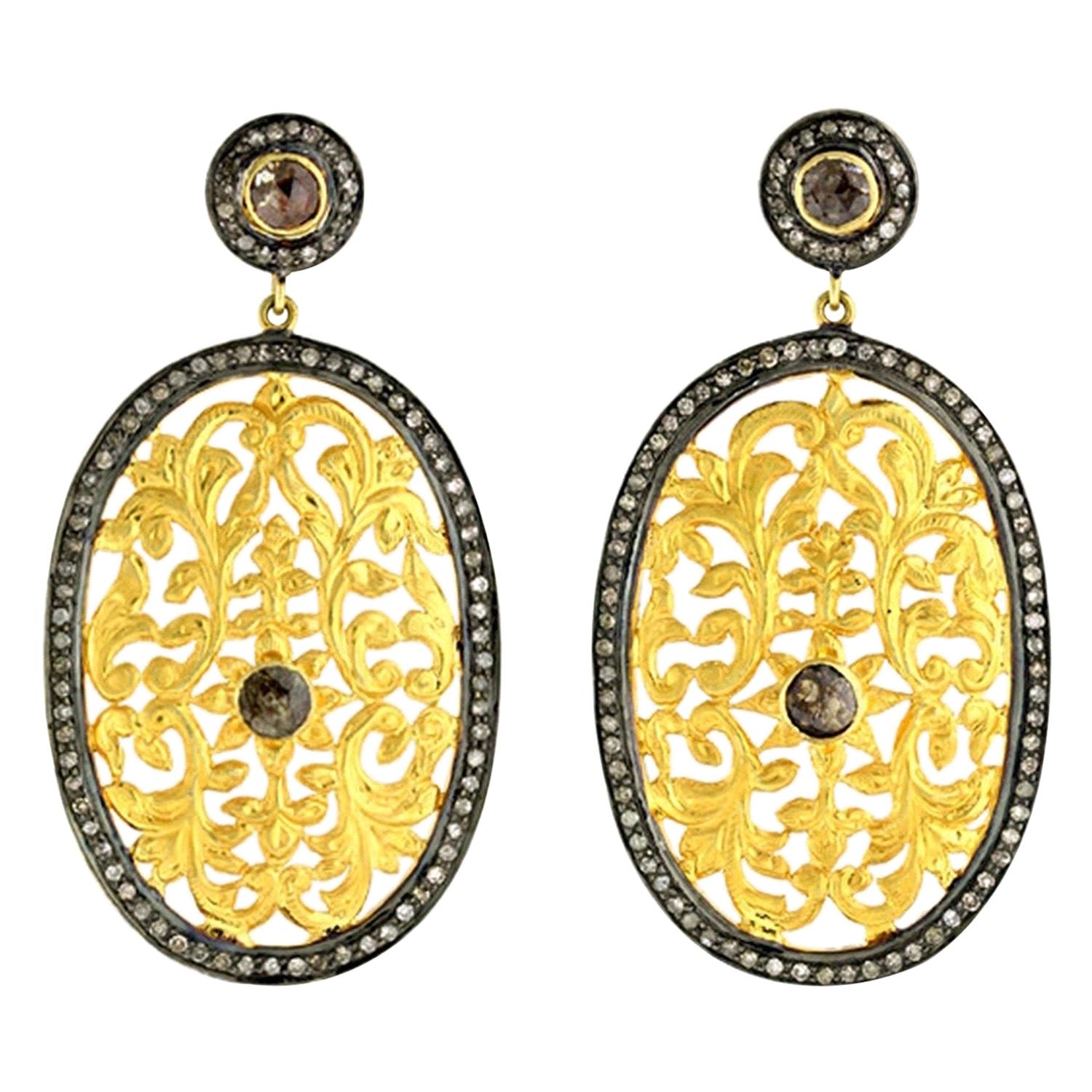 3.4 Carat Fancy Diamond Filigree Two-Tone Diamond Earrings For Sale