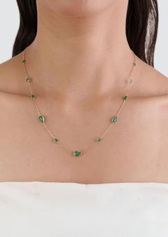 3.4 Carat Natural Zambian Emerald Bezel Set Station Necklace in 14K Yellow Gold