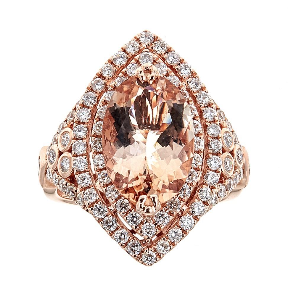 3.4 Carat Morganite Diamond Solitaire 14 Karat Rose Gold Cocktail Ring Size 7.2

Looking for a ring that will express your eternal love? we have it. Exquisite design features 3.5TCW oval-shaped morganite.  Embraced by a double frame of shimmering