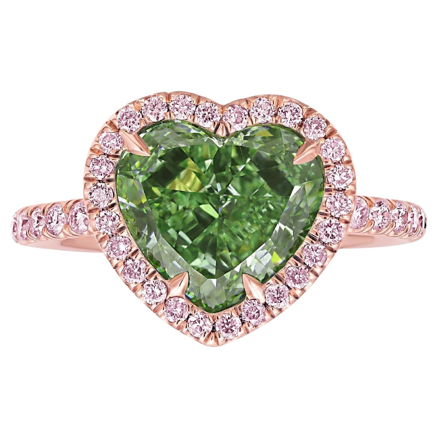Bague de fiançailles 3,4 carats Pink Halo Green Heart Diamond