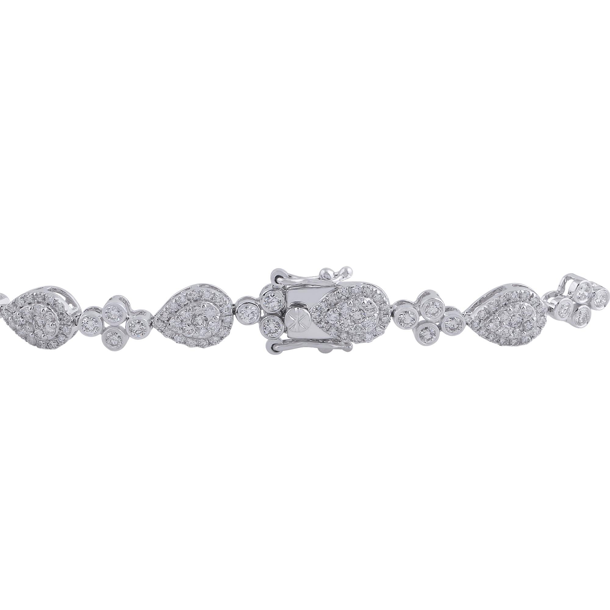 Item Code :- SFBR-4006
Gross Weight :- 12.97 gm
14k White Gold Weight :- 12.29 gm
Natural Diamond Weight :- 3.40 carat  ( AVERAGE DIAMOND CLARITY SI1-SI2 & COLOR H-I )
Bracelet Length :- 7 Inches Long
✦ Sizing
.....................
We can adjust