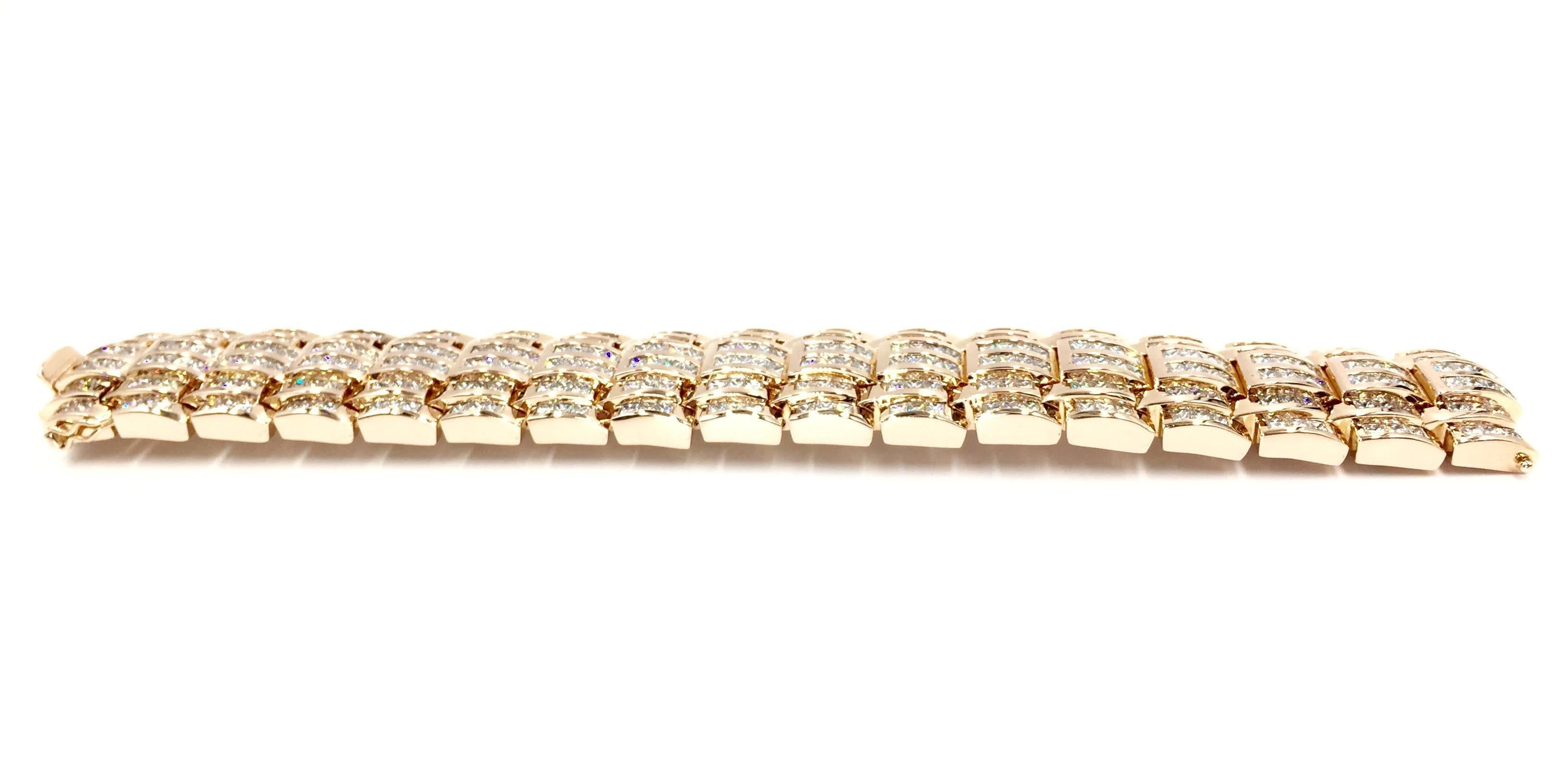 Princess Cut 34 Carat Total Weight Diamond 14 Karat Rose Gold Wide Link Bracelet For Sale