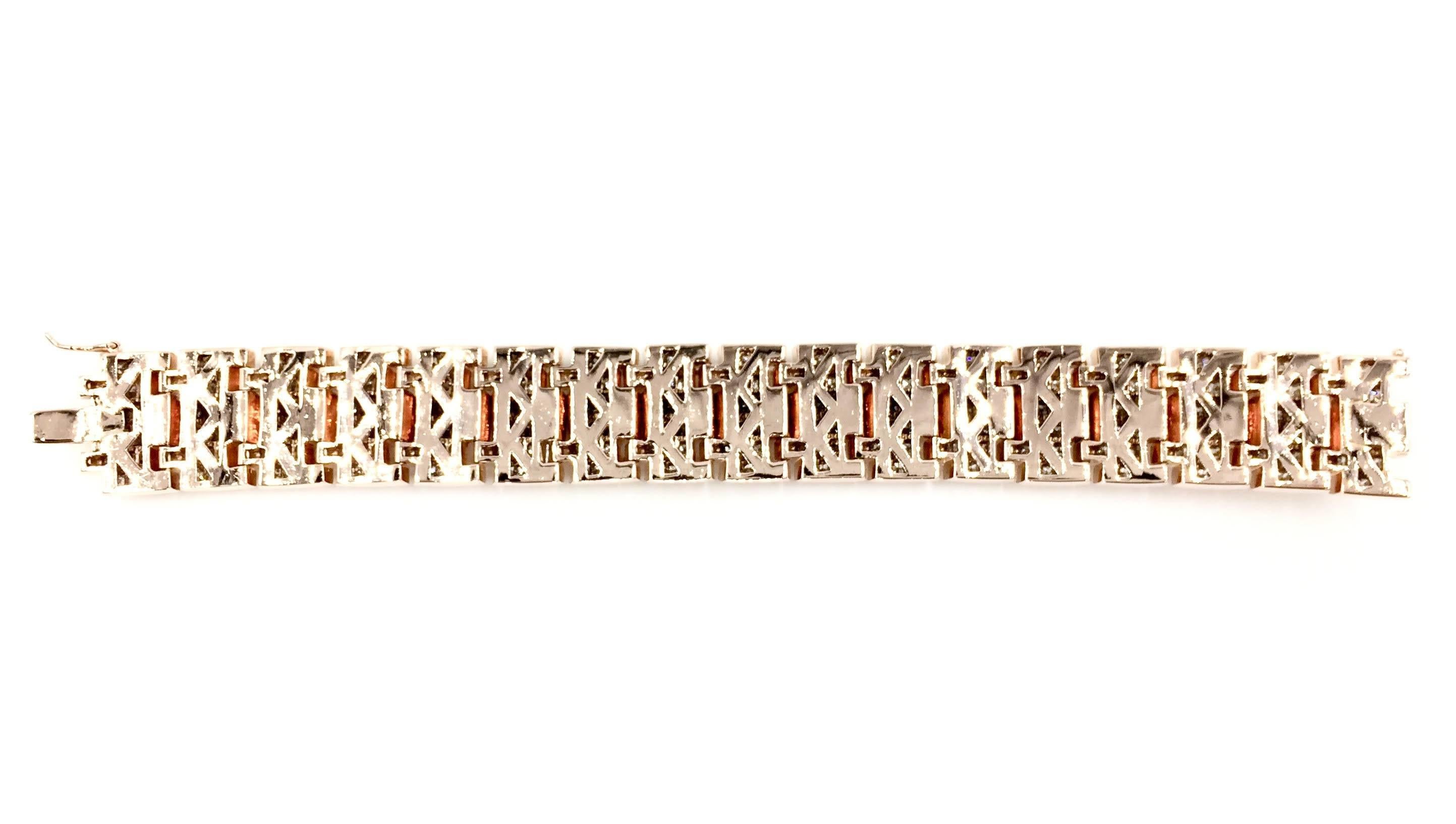 34 Carat Total Weight Diamond 14 Karat Rose Gold Wide Link Bracelet For Sale 1
