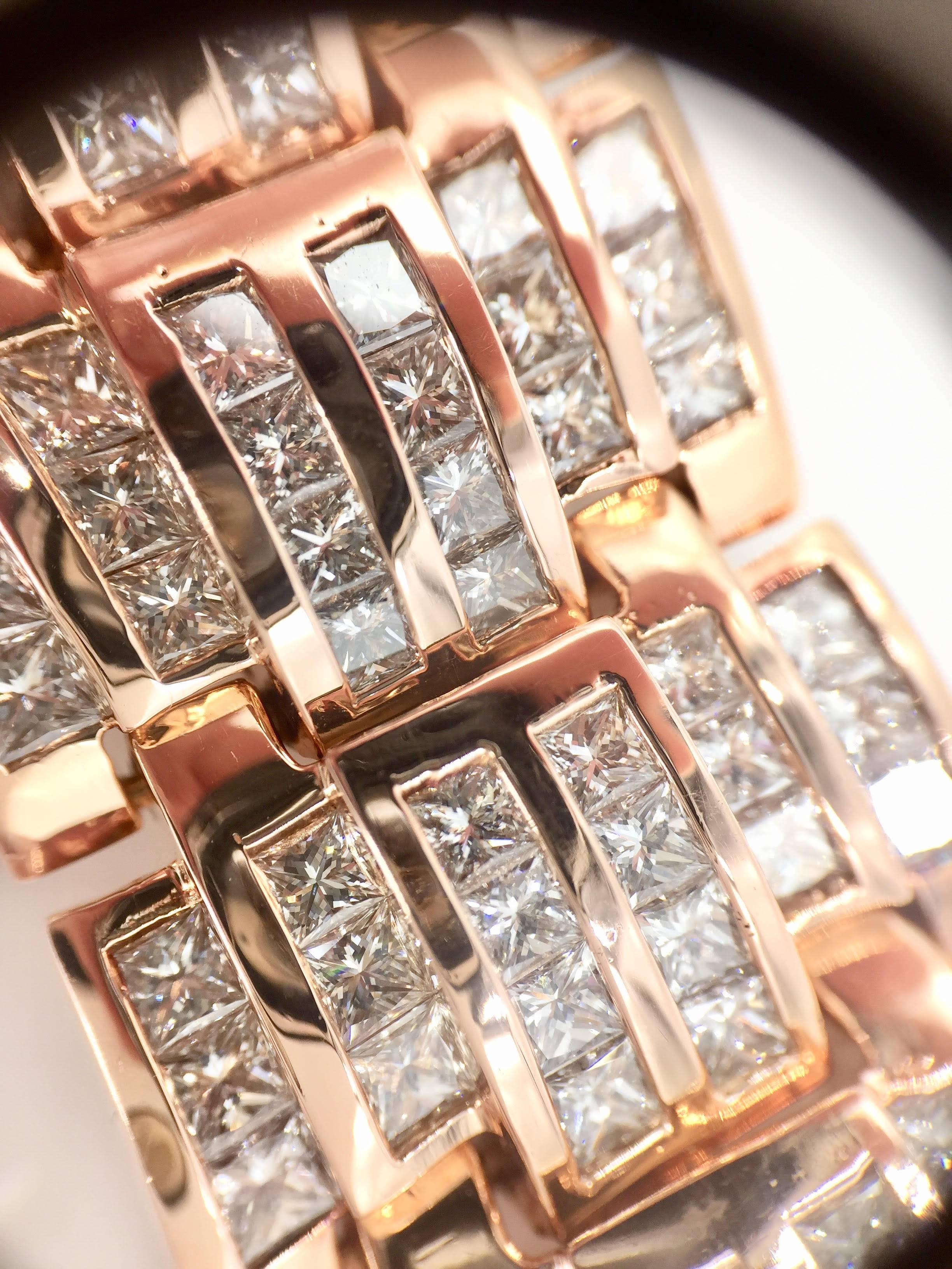 34 Carat Total Weight Diamond 14 Karat Rose Gold Wide Link Bracelet For Sale 3