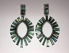 34 Carats Variegated Green Tourmaline Baguettes with Pave Diamonds Earrings