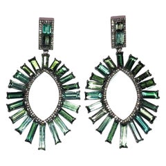34 Carats Variegated Green Tourmaline Baguettes with Pave Diamonds Earrings
