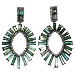 34 Carats Variegated Green Tourmaline Baguettes with Pave Diamonds Earrings 34 Carats Variegated Green Tourmaline Baguettes with Pave Diamonds Earrings