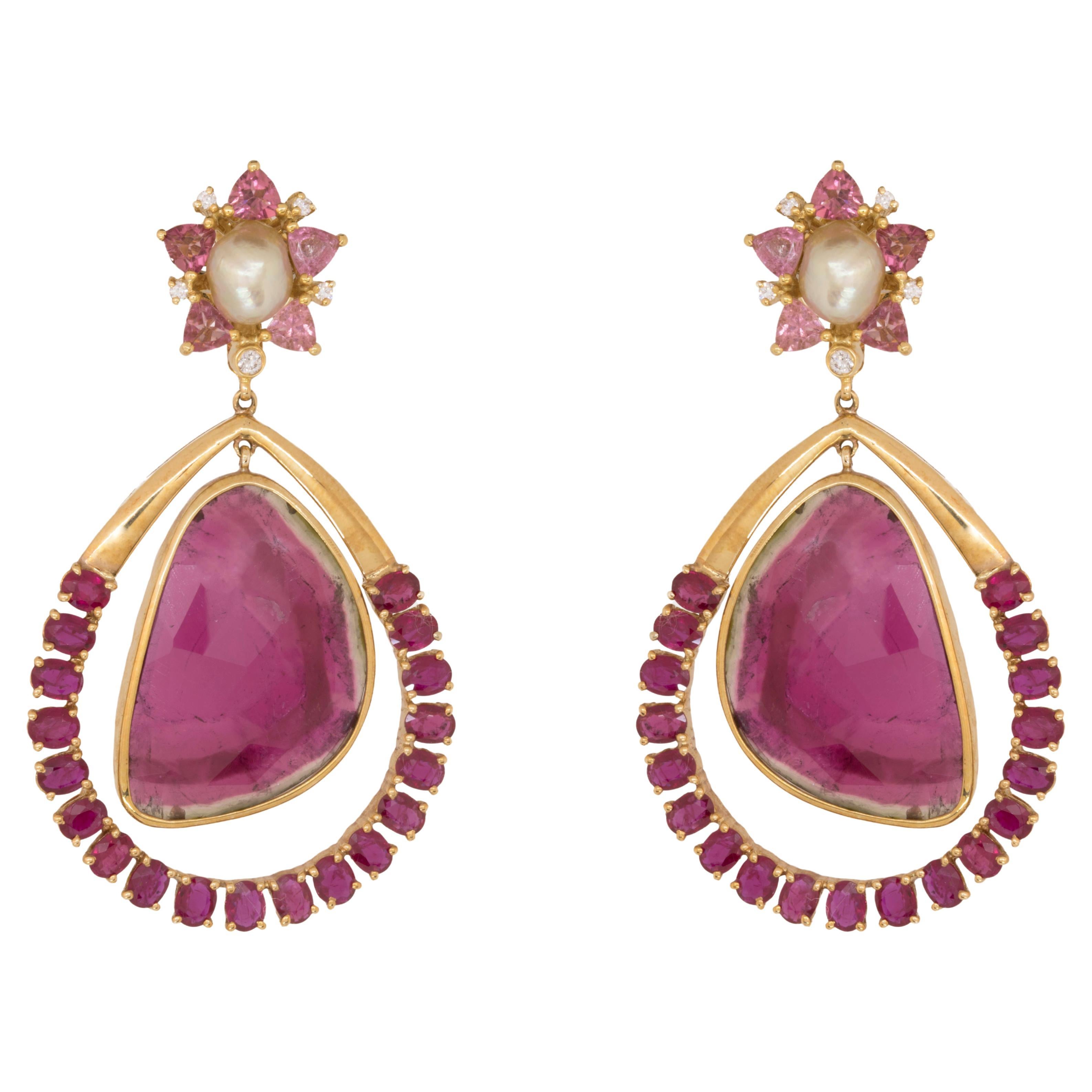 34 Ct. Tourmaline Pendulum Earrings Natural Bahraini Pearls 18kt Yellow Gold For Sale