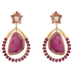 34 Ct. Tourmaline Pendulum Earrings Natural Bahraini Pearls 18kt Yellow Gold