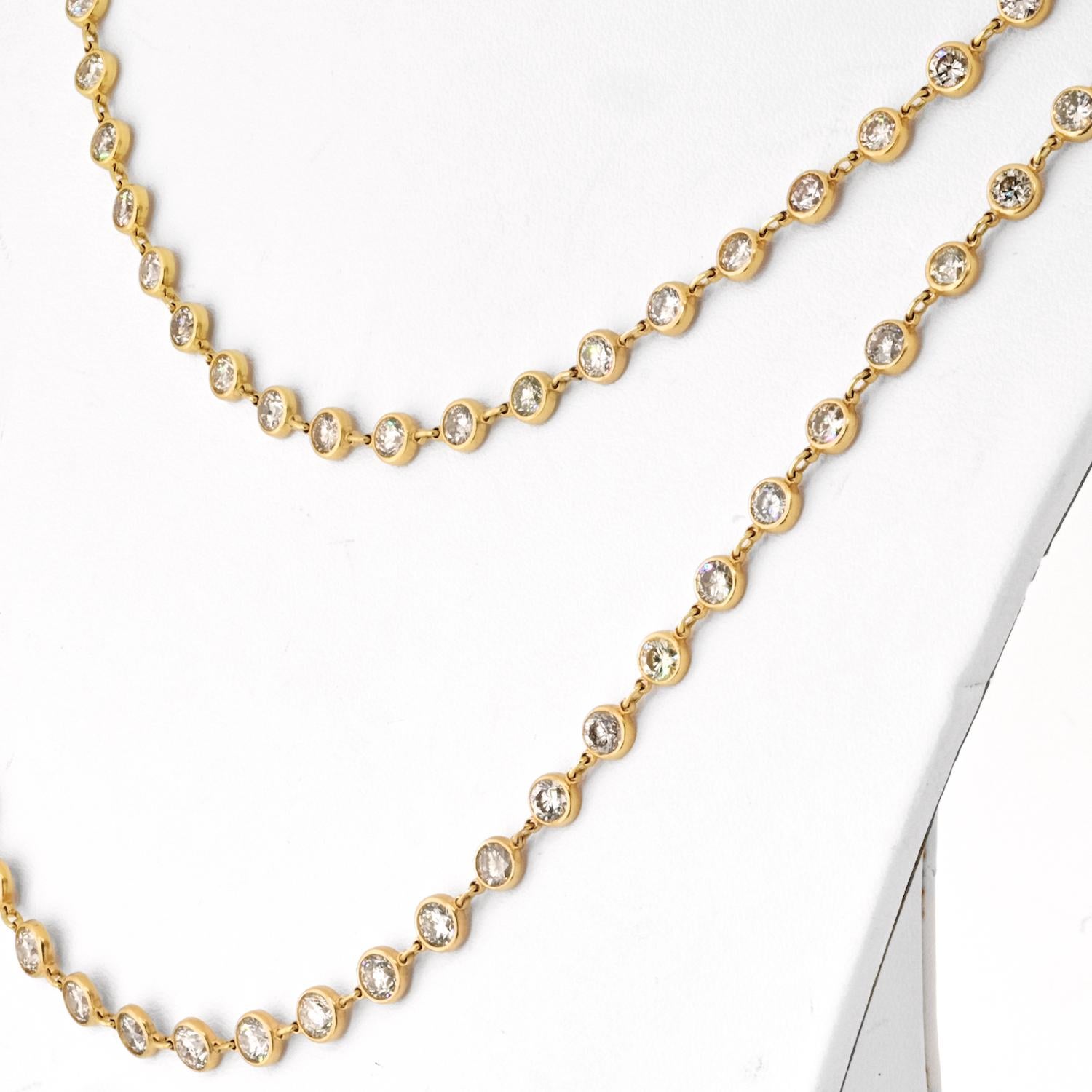 34 cttw 18K Yellow Gold Round Diamond By The Yard 43 Inches Chain Necklace In Excellent Condition For Sale In New York, NY