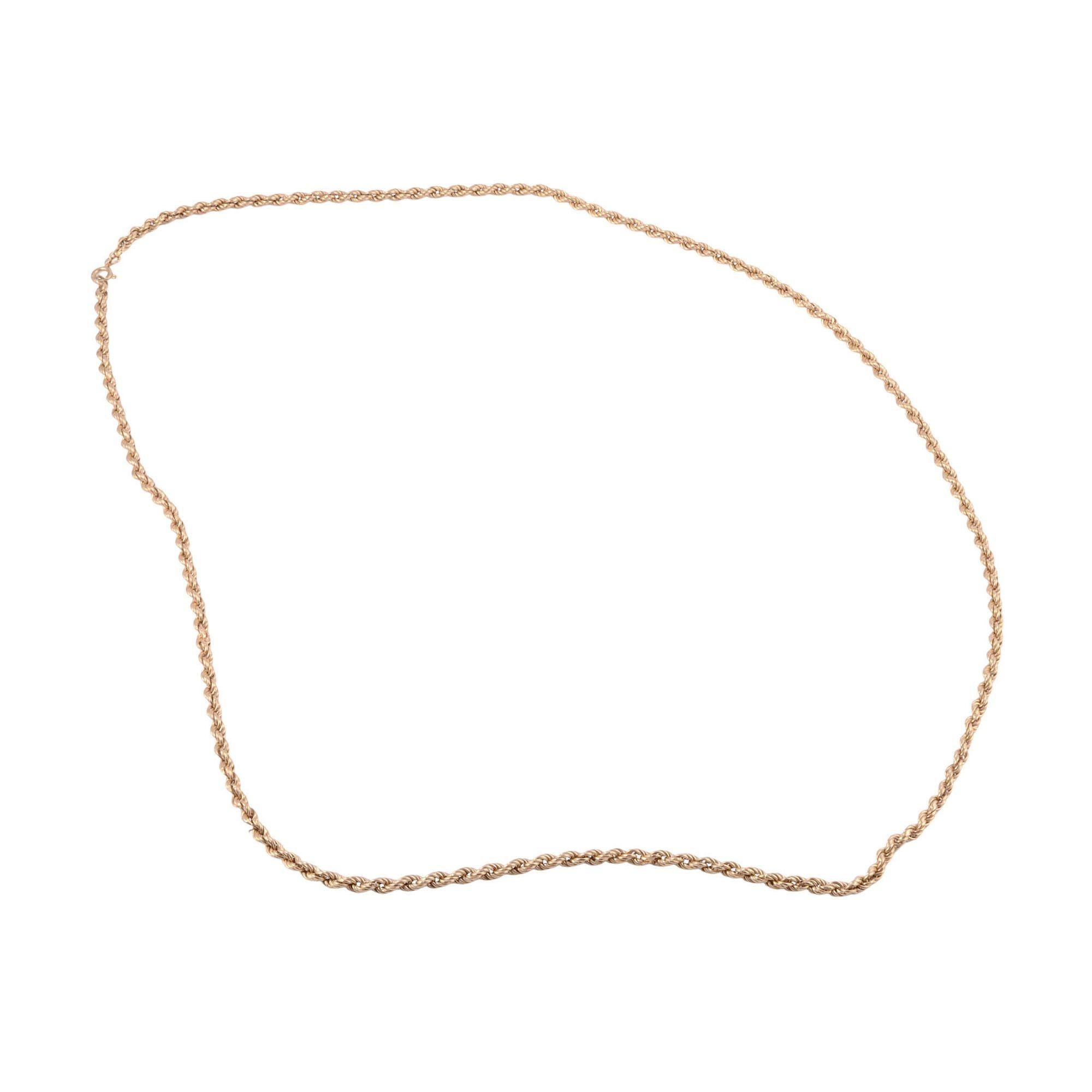 Estate 34 inch 14 karat gold rope chain. This rope style chain is crafted in 14 karat gold with a lighter color. It measures 34 inches long and weighs 17.2 grams. [KIMH 1902 P]
 
Dimensions
34″L