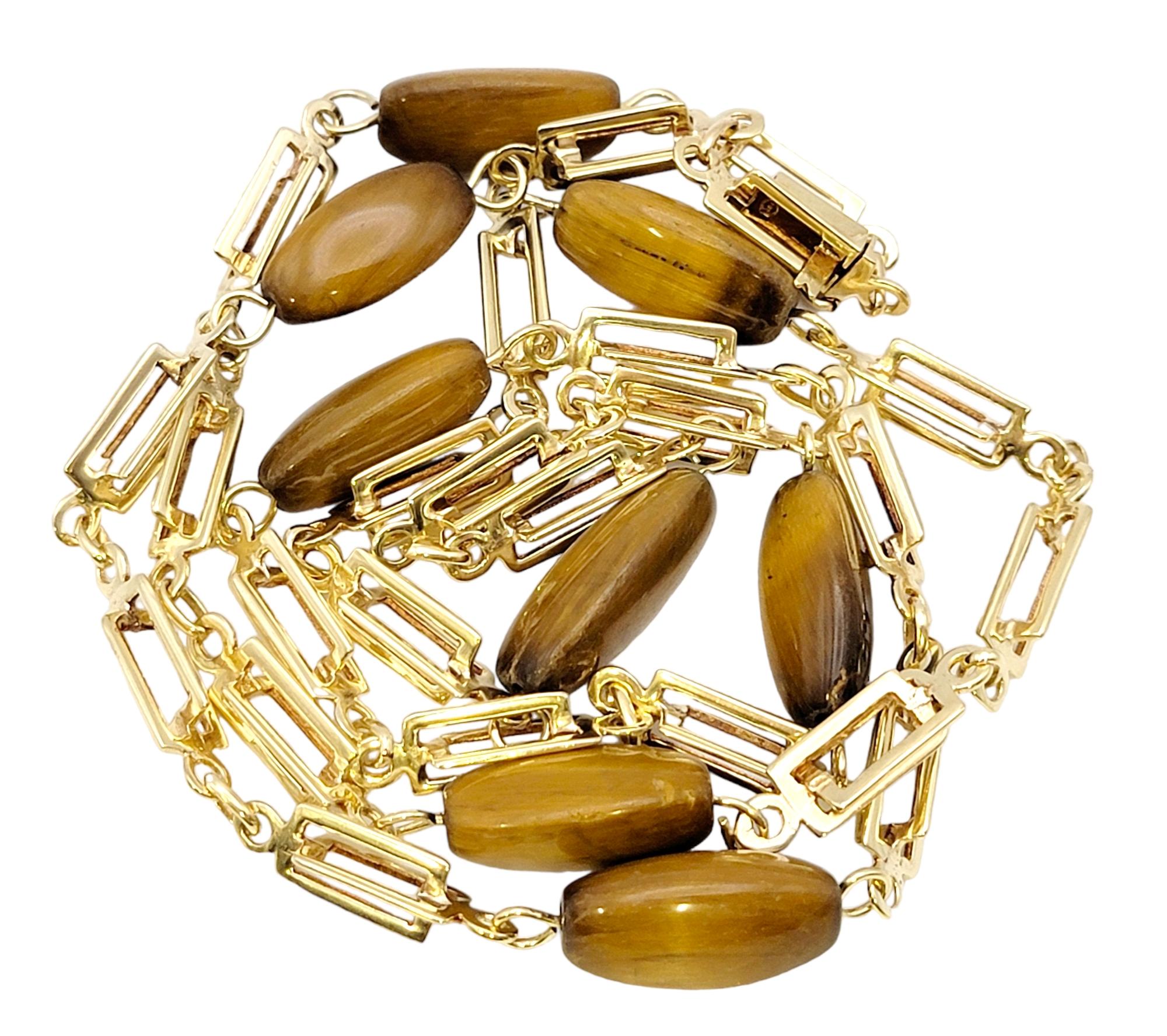 Triangular Cabochon Tiger's Eye Station Necklace 14 Karat Gold Chain For Sale 5