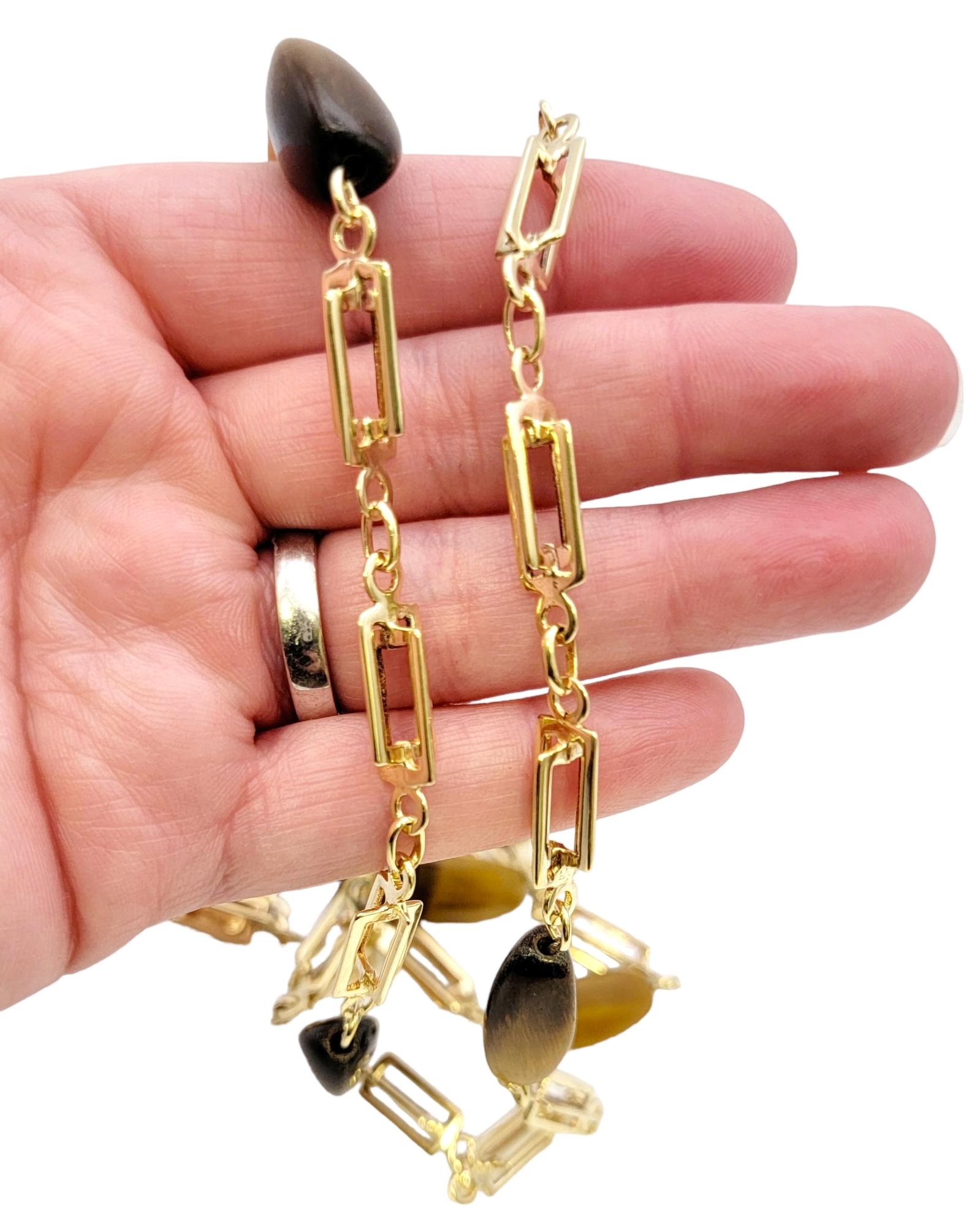 Triangular Cabochon Tiger's Eye Station Necklace 14 Karat Gold Chain For Sale 6