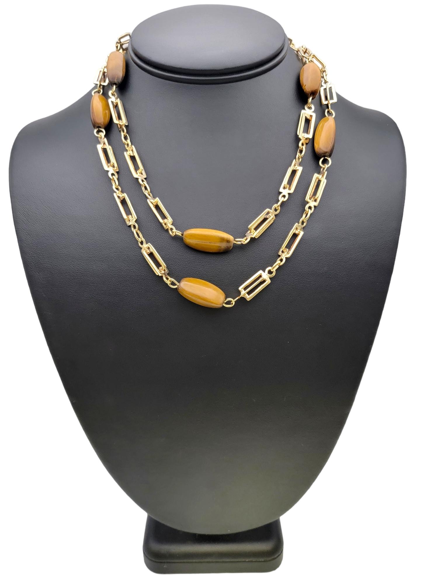 Triangular Cabochon Tiger's Eye Station Necklace 14 Karat Gold Chain For Sale 8
