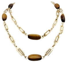 Triangular Cabochon Tiger's Eye Station Necklace 14 Karat Gold Chain