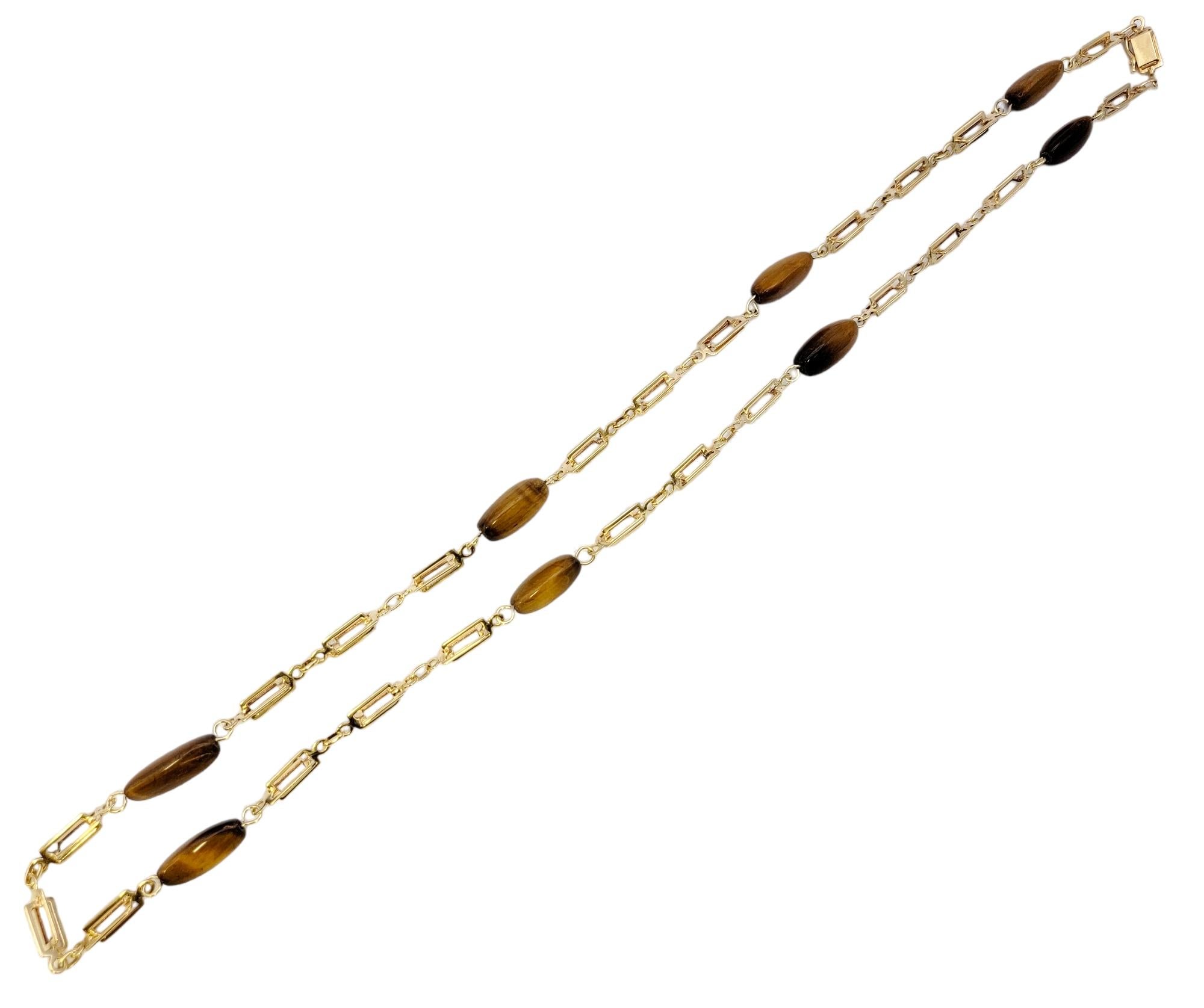 Contemporary Triangular Cabochon Tiger's Eye Station Necklace 14 Karat Gold Chain For Sale