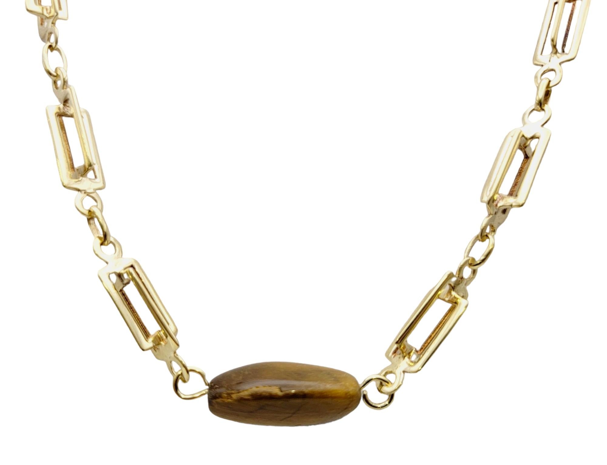 Women's Triangular Cabochon Tiger's Eye Station Necklace 14 Karat Gold Chain For Sale