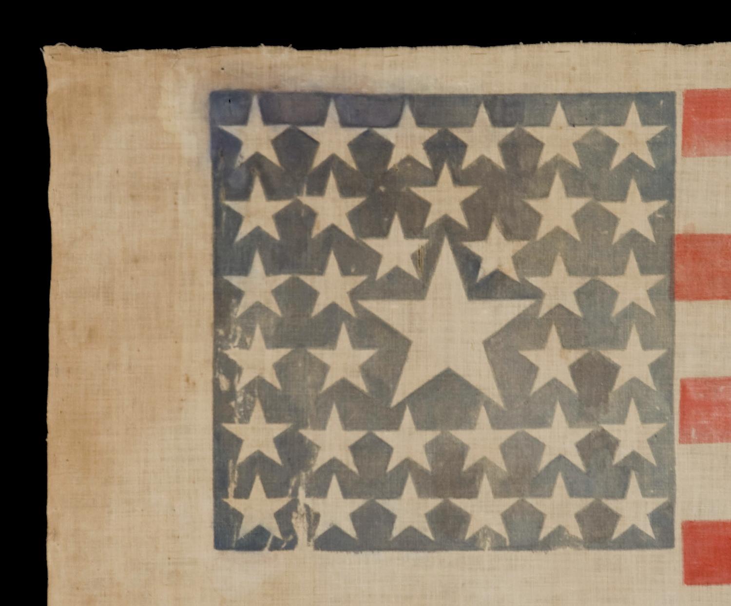 American 34 Star Flag with Stars in a Rare Pattern, Huge Center Star, Kansas Statehood