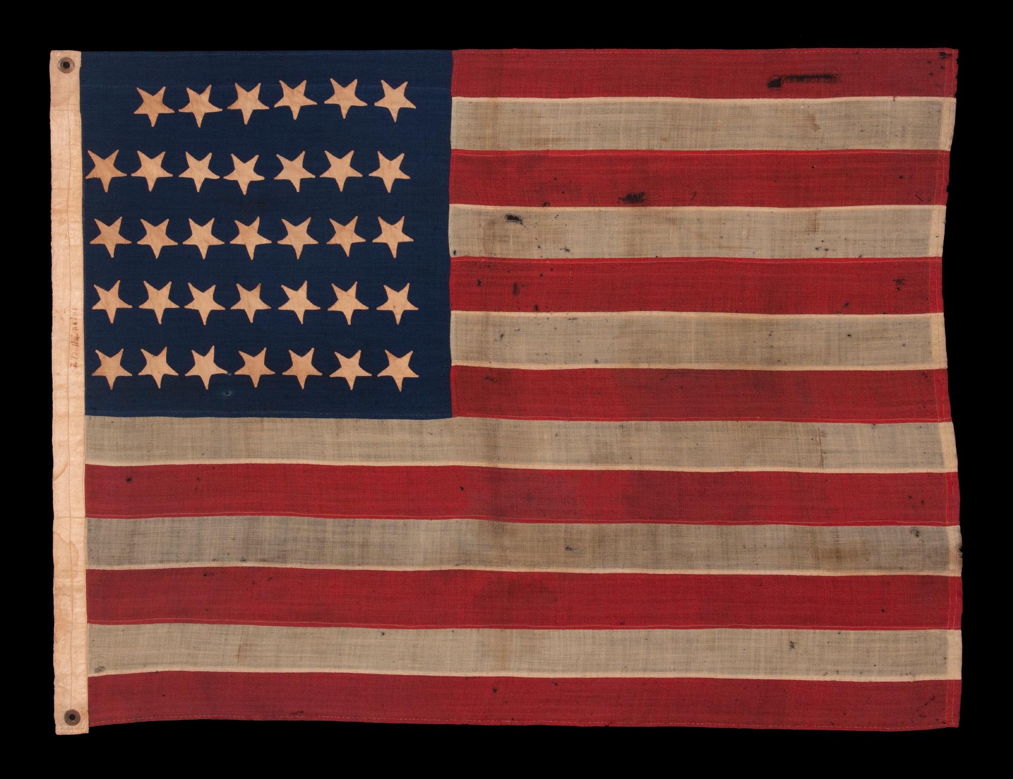 Bandera de 34 estrellas con estrellas cosidas a mano al revés, independencia del estado de Kansas, hacia 1861-1863 en Bueno Estado en York County, PA