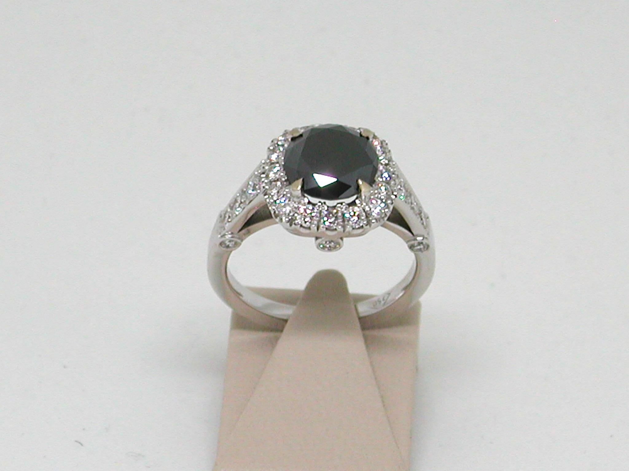 Round Cut 3.40 Carat 18 Karat White Gold Black Diamond Engagement Ring For Sale
