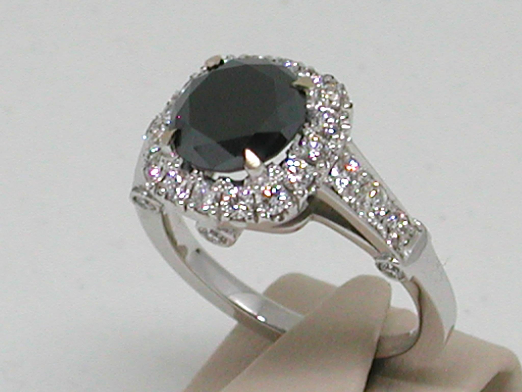 Women's 3.40 Carat 18 Karat White Gold Black Diamond Engagement Ring For Sale