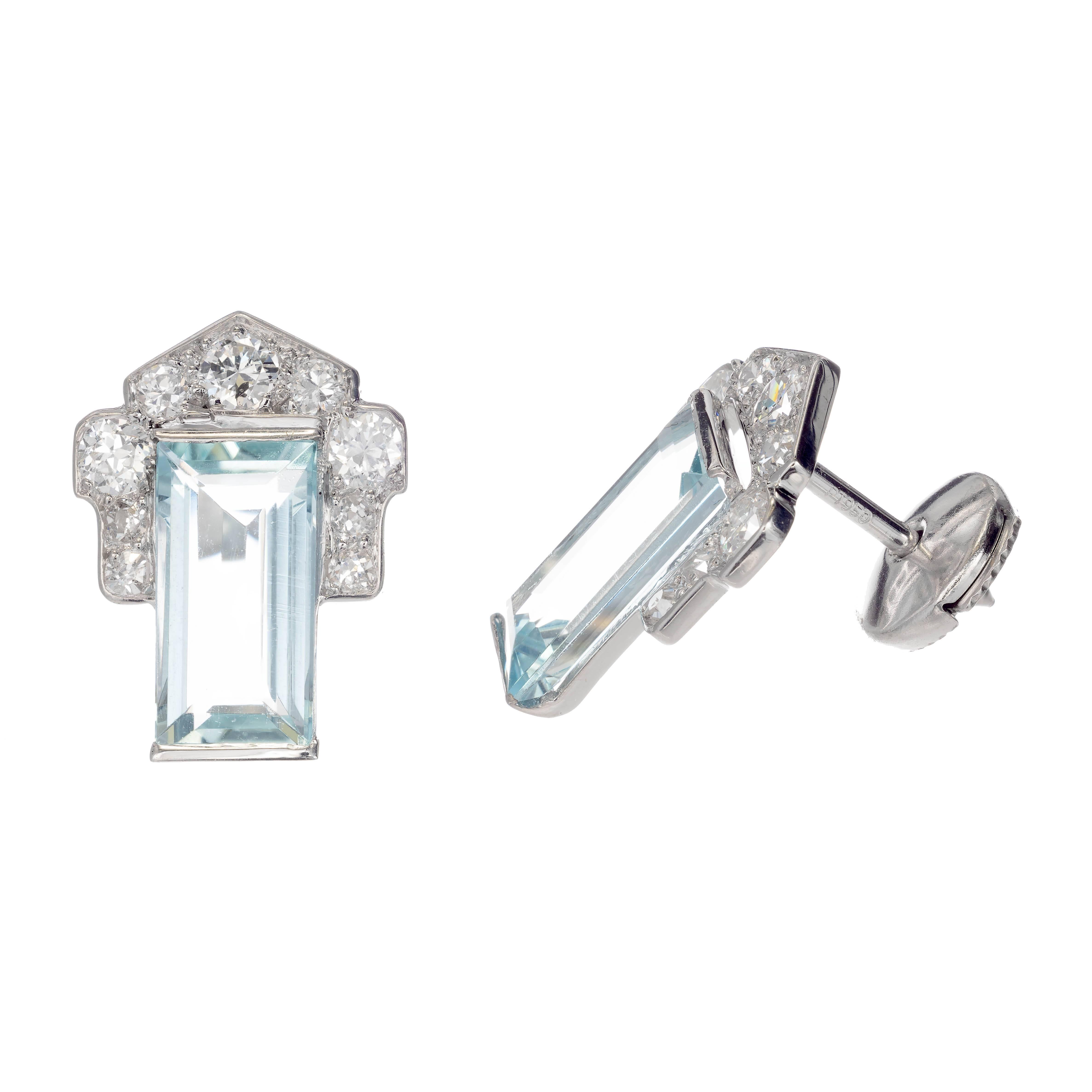 Emerald Cut 3.40 Carat Aqua Diamond Art Deco Cluster Earrings