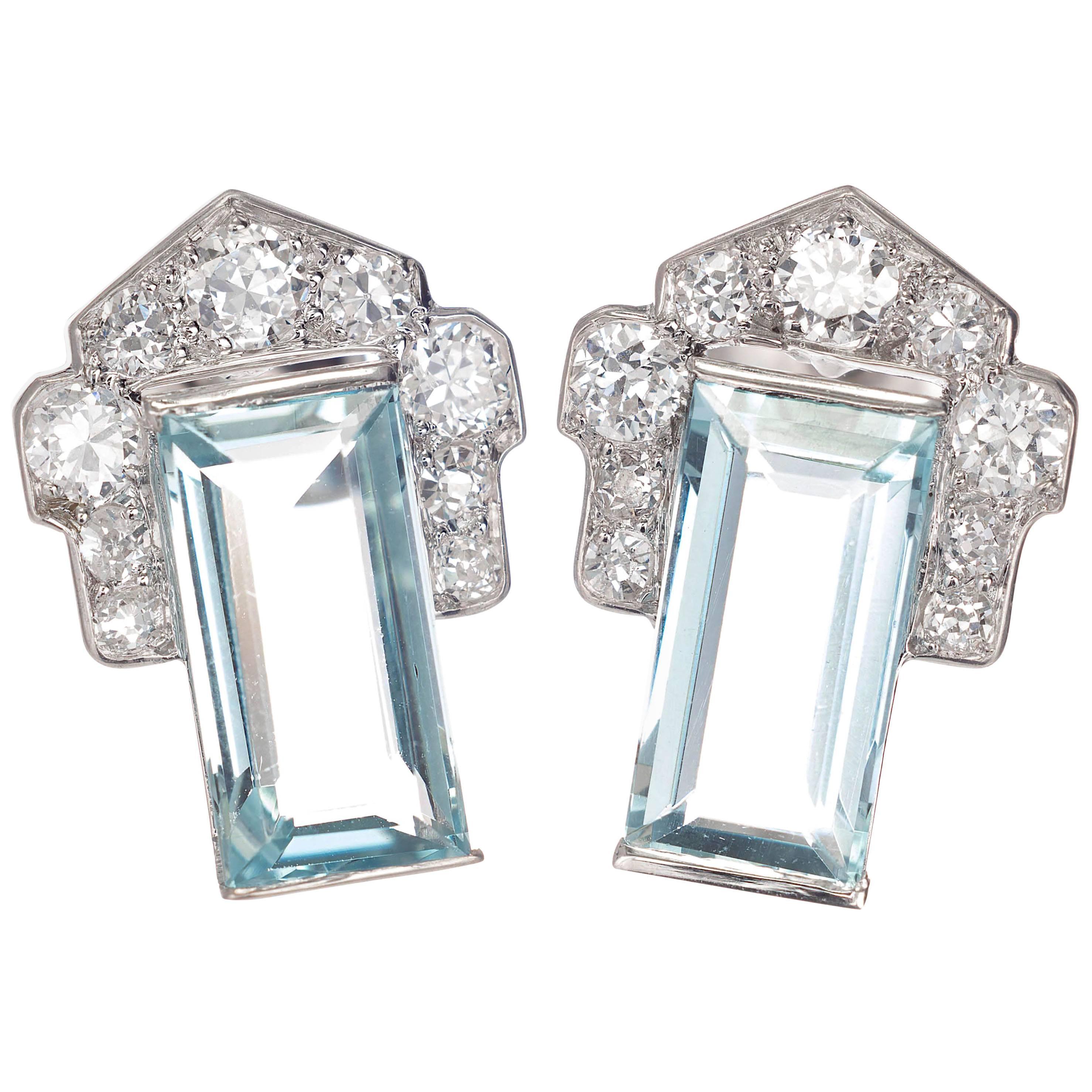 3.40 Carat Aqua Diamond Art Deco Cluster Earrings