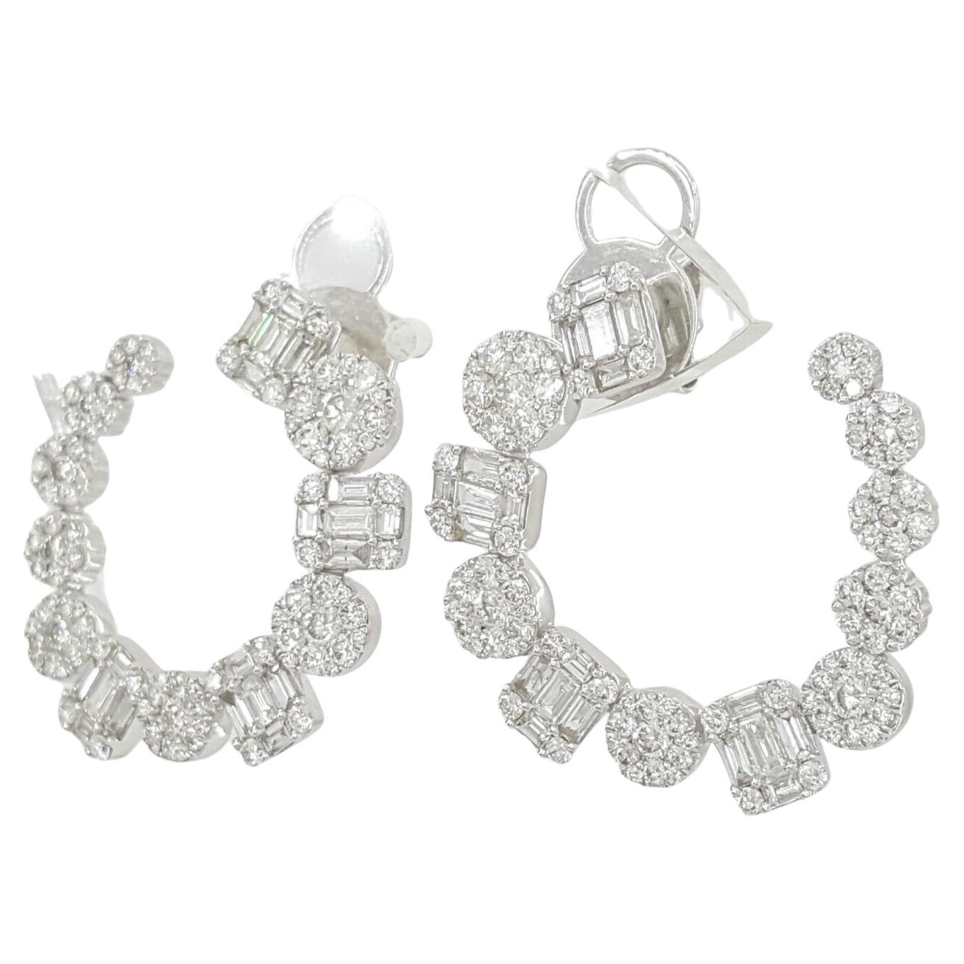 18K White Gold 3.42 ct Baguette & Round Brilliant Cut Diamond Sideways Hoop Earrings. 

There are 40 Natural Baguette Brilliant Cut Diamonds weighing approximately 1.1 ct total weight & 192 Natural Round Brilliant Cut Diamonds weighing approximately