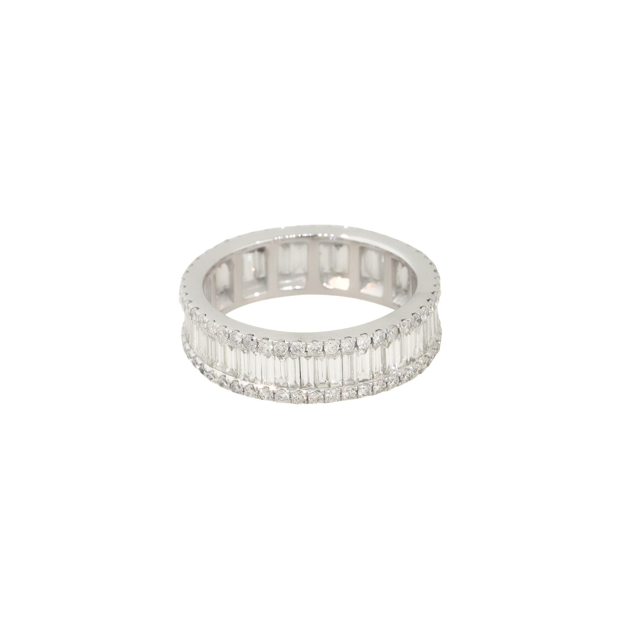 14k White Gold 3.40ctw Baguette and Round Brilliant Cut  Diamond Eternity Band

Style: Women's Diamond Eternity Band
Material: 14k White Gold
Diamond Details: Approximately 3.40ctw of Baguette Cut and Round Brilliant Cut Diamonds. Round Diamonds are