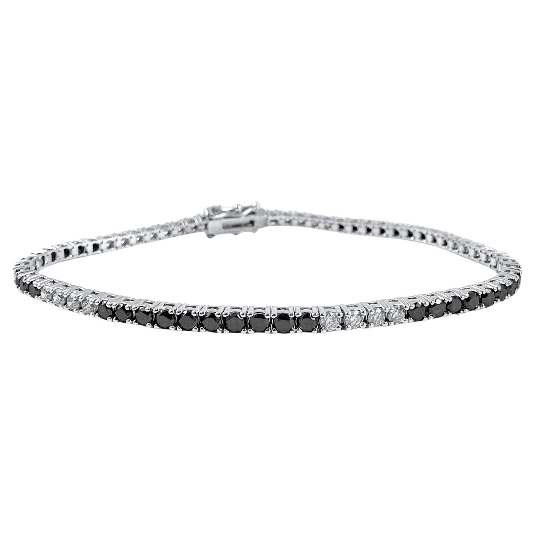 3.40 Carat Black and White Diamond Tennis Bracelet in 14K White Gold, 7 Inches For Sale