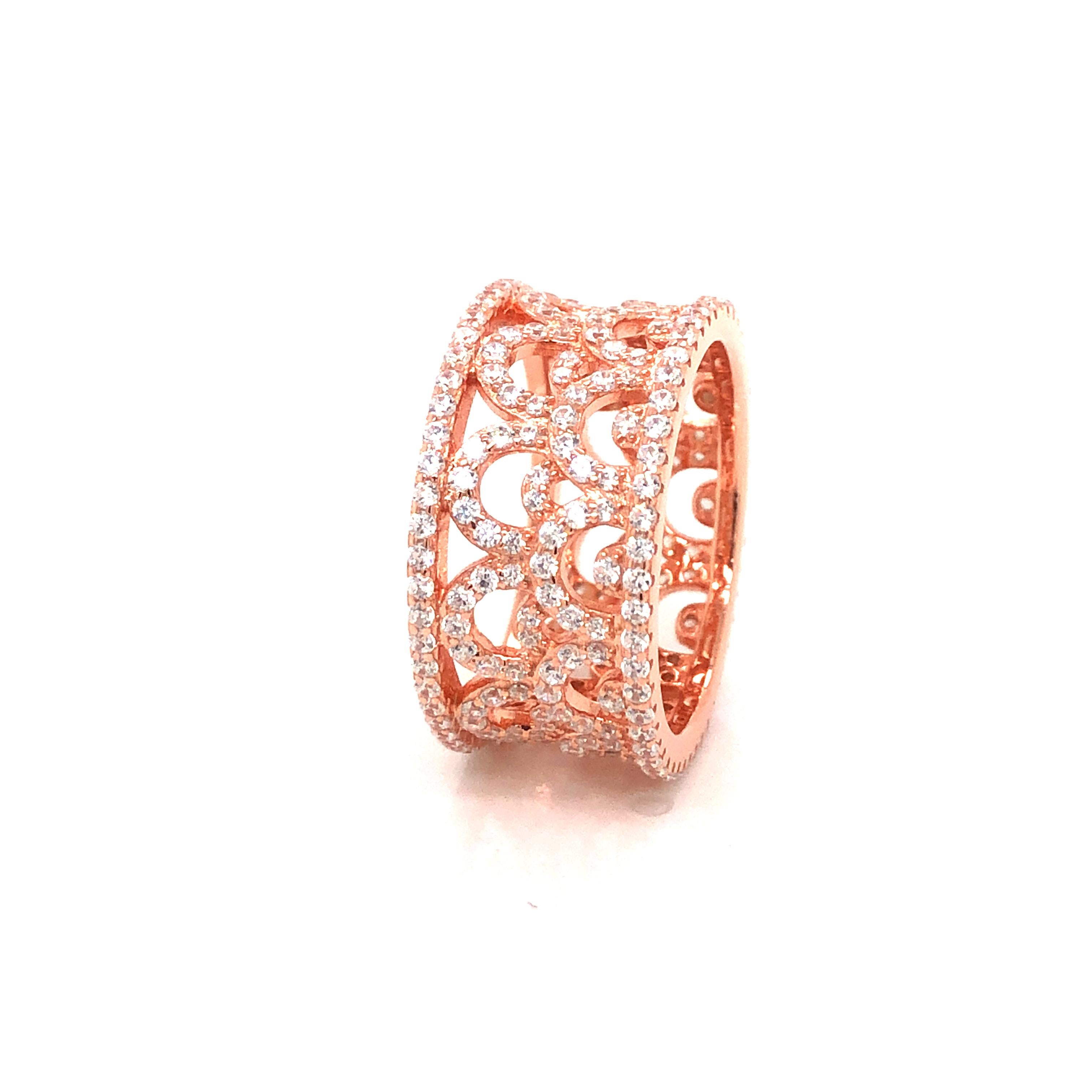 Art Deco 3.40 Carat Cubic Zirconia Rose Gold Plated Filigree Crown Wedding Band Ring For Sale